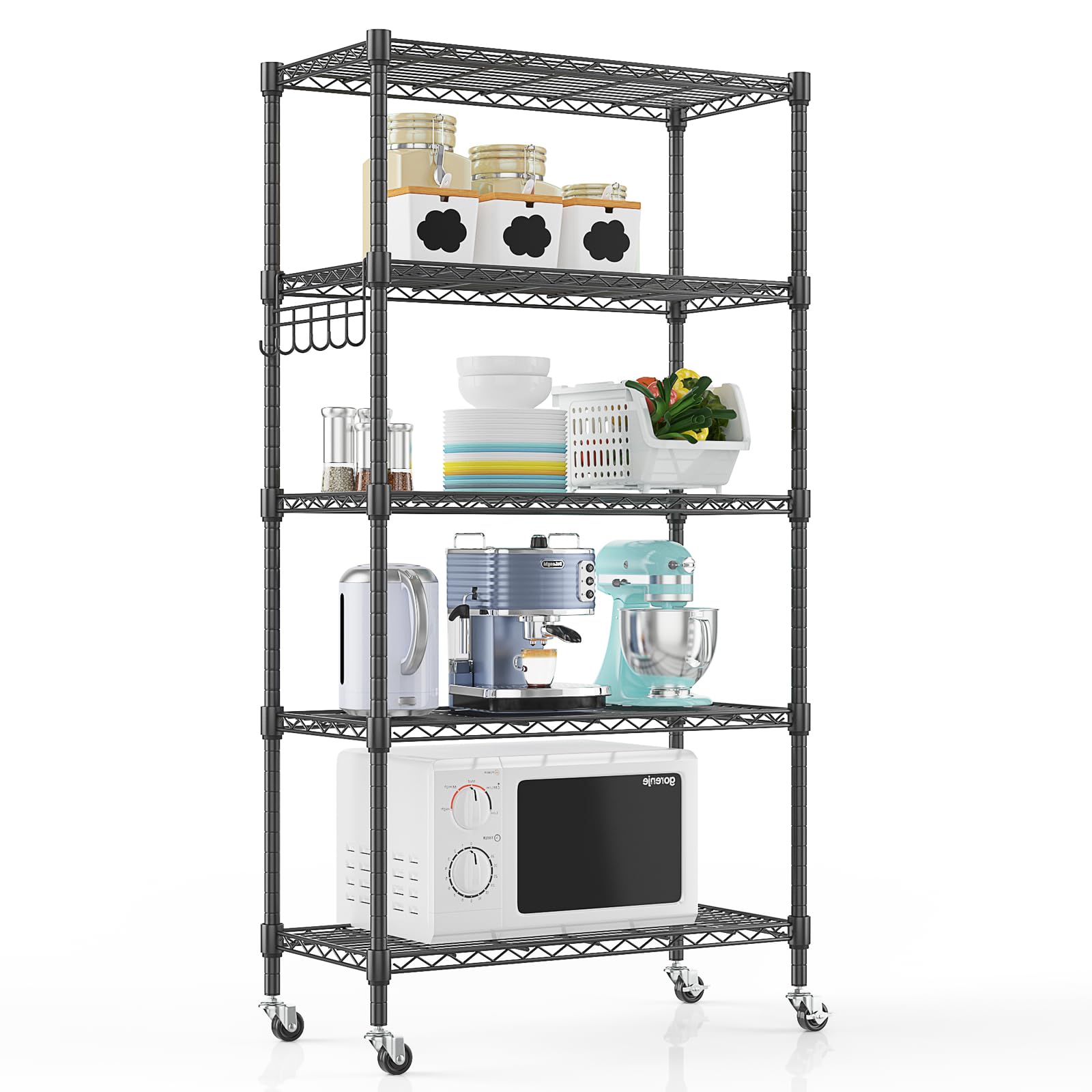 Himimi 5-Tier Wire Shelving Unit with Wheels, 76W x 35D x 158H cm, Height Adjustable Metal Shelving Unit for Storage, Free Standing Storage Rack Shelf for Kitchen Pantry Bathroom Garage Office, Black — image 1