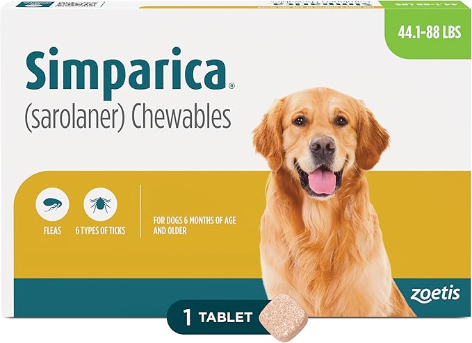 Simparica (sarolaner) Chewables for Dogs, 80 mg/tab, 44.1-88 lbs (Green), 1 Tablet