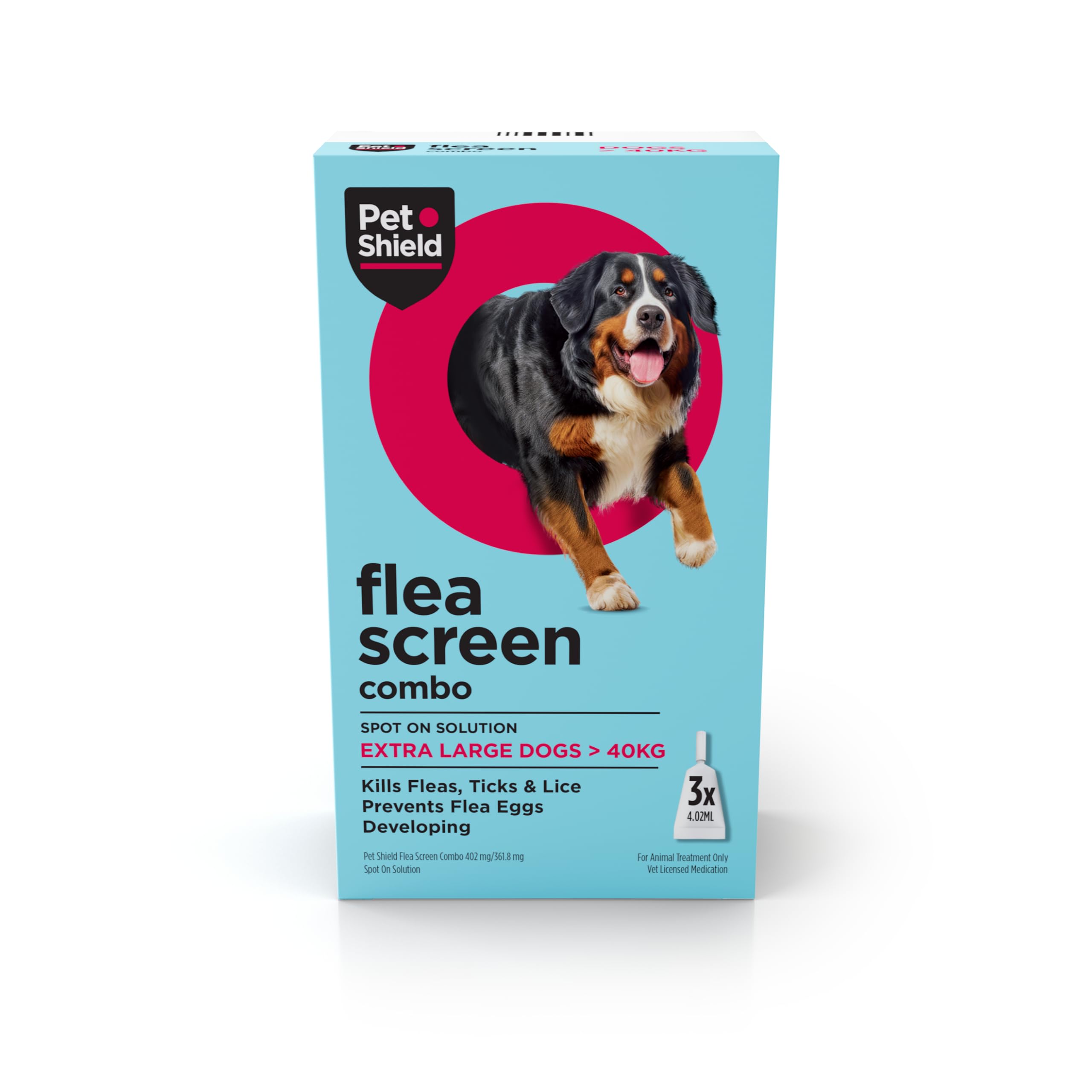 Pet Shield Flea Screen Combo Extra Large Dogs, 3 Pipettes - Spot-On Flea Treatment for Extra Large Dogs (40-60kg Body Weight) - Kills Fleas, Flea Eggs, Ticks - Provides Up to 8 Weeks Protection