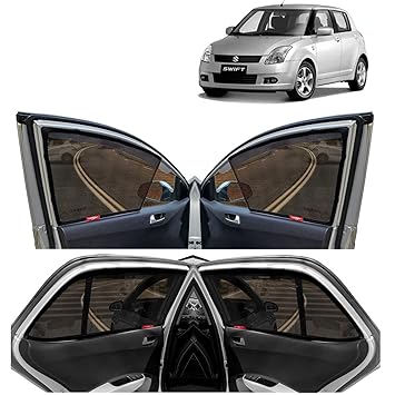 KINGSWAY Car Side Window Curtain Sun Shades Magnetic for Maruti Suzuki Swift (2005-2010), Half Cut in Front Window, Cotton Mesh, Complete Set of 4 Piece