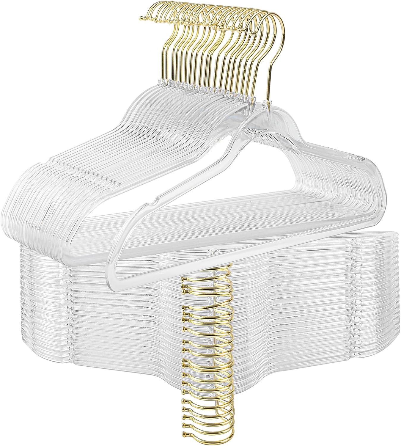 Clear Acrylic Plastic Hangers for Clothes for Adult Closet Heavy Duty Hangers Space Saving 360 Degree Swivel Hook and Notches (50, Gold/Clear)