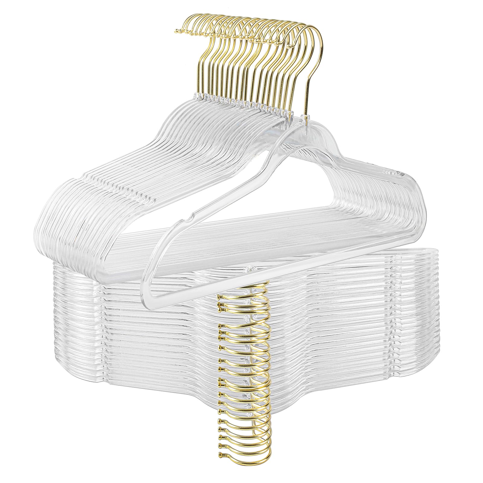 Frezon Gold/Clear Acrylic Plastic Hangers For Clothes For Adult Closet Heavy Duty Hangers Space Saving 360 Degree Swivel Hook And Notches (20, )