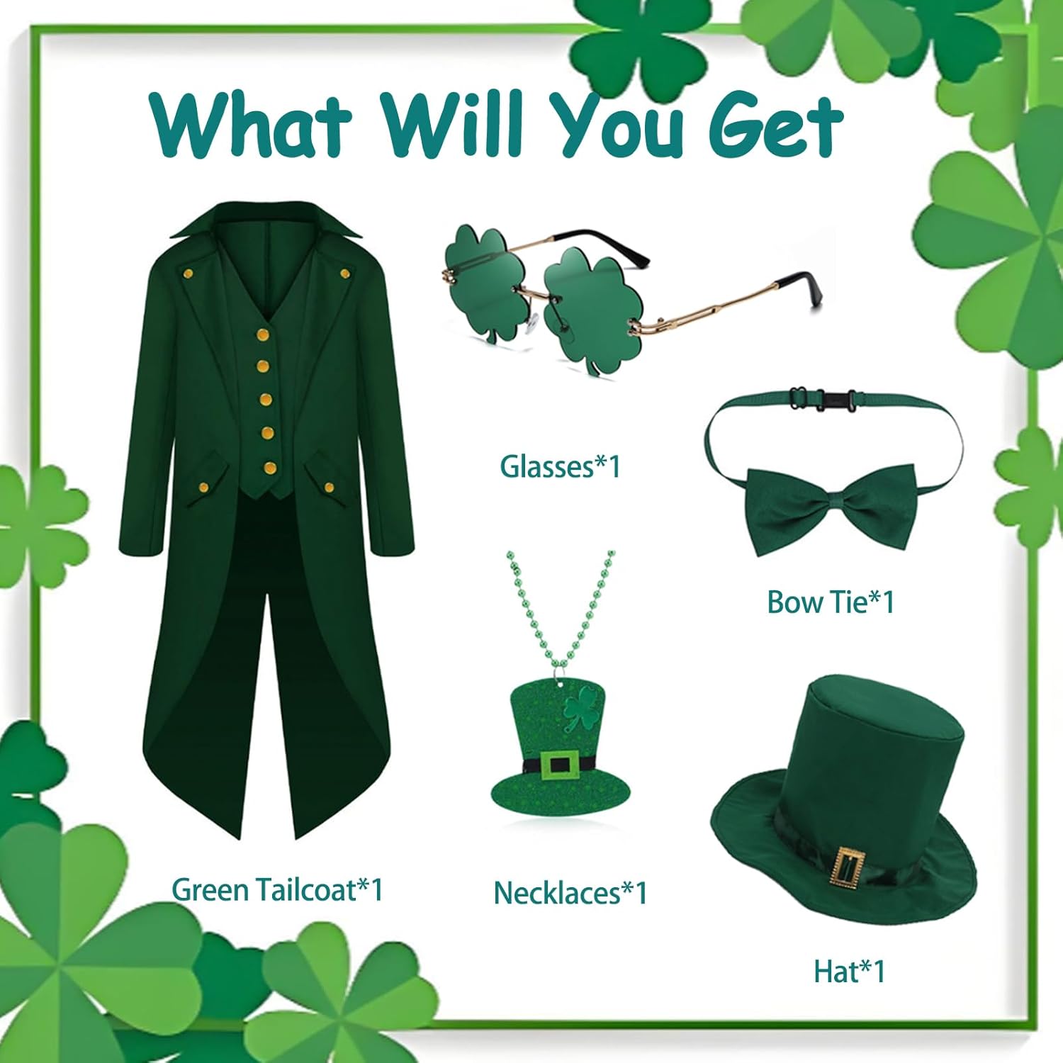 Men St Patricks Day Costume 5PCS St Patrick's Day Costume Thick Fabric Green Irish Outfit - Image 2