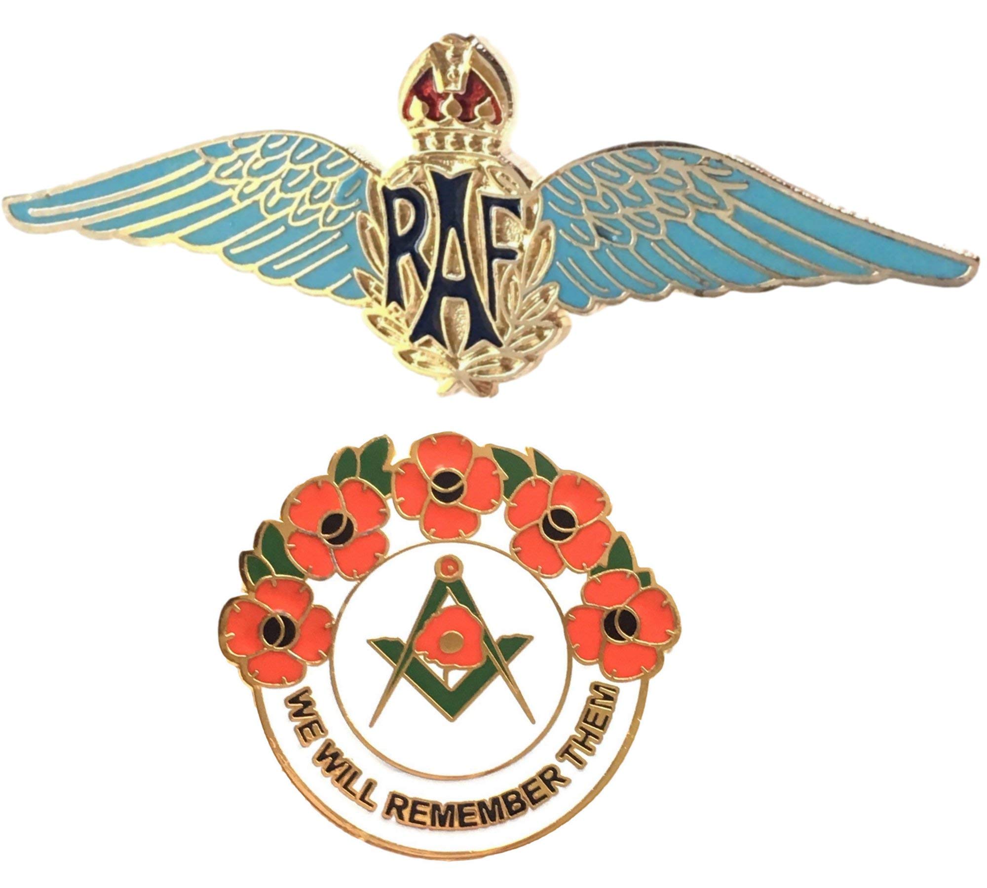 Smartbadge® MOD Approved RAF Royal Air Force Sweetheart Wings Blue Brooch And Masonic We Will Remember Hard Enamel Lapel Pin Badge