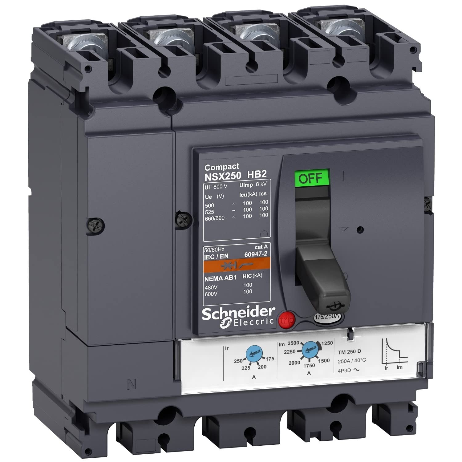 Schneider Electric LV433487 NSX250HB2 Interruptor Automático Compact, TMD, 125A, 4 Polos 4R, 161mm x 140mm x 86mm