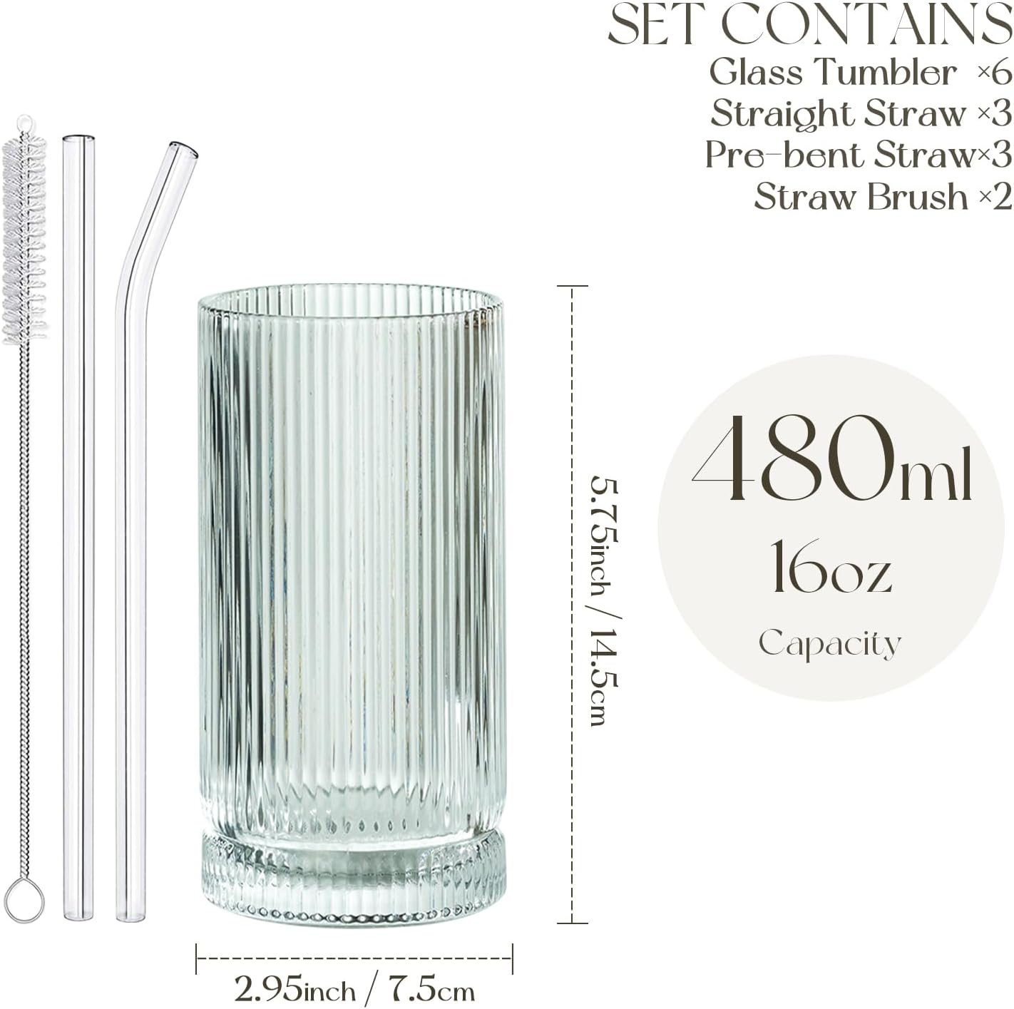 KEMORELA Ribbed Glassware Set of, Origami Style 16 Oz XL Drinking Glasses with Straws, Vintage Glassware Set - Glass Cups, Iced Coffee Cups Perfect for Cocktails, Smoothies, Juice, Beer (6Pcs) - Image 3