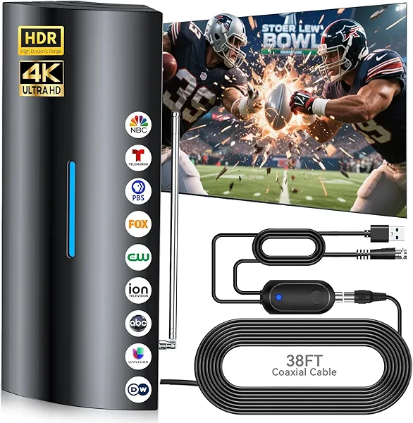 2025 Digital Antenna for Smart TV Indoor Outdoor with Amplifier, 360° Long Range Reception HD Local Channels -38FT Coax Cable -Supports 8K, 4K, 1080P for All TVs