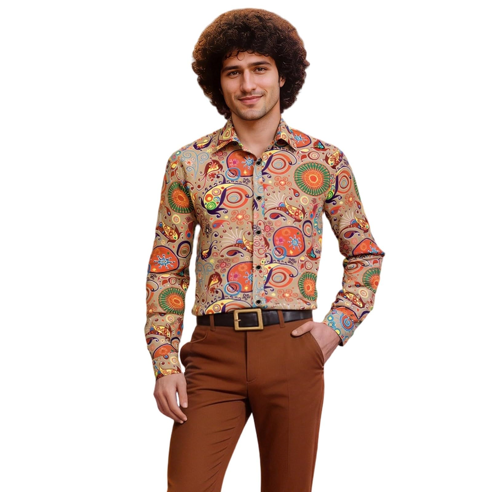 Hawaiian Shirts for Men, 60s 70s 80s Fancy Dress Men, Hawaiian Shirts for Men Retro Casual Button Down Shirt Shirts Printed Long Sleeve Disco Holiday Khaki S