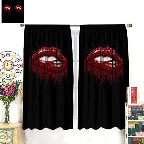 Miniatura 3 de Cortinas de labios rojos y negros con impresión artística para niñas, mujeres, dormitorio, sala de estar, decoración de ventana con bolsillo para