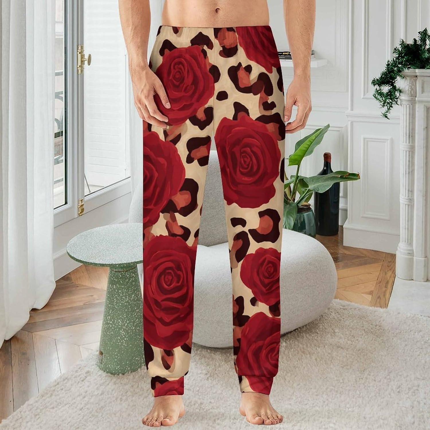 Cheetah Print Rose Flower Mens Pajama Pants Soft Lounge Pants Pj Bottoms with Pockets