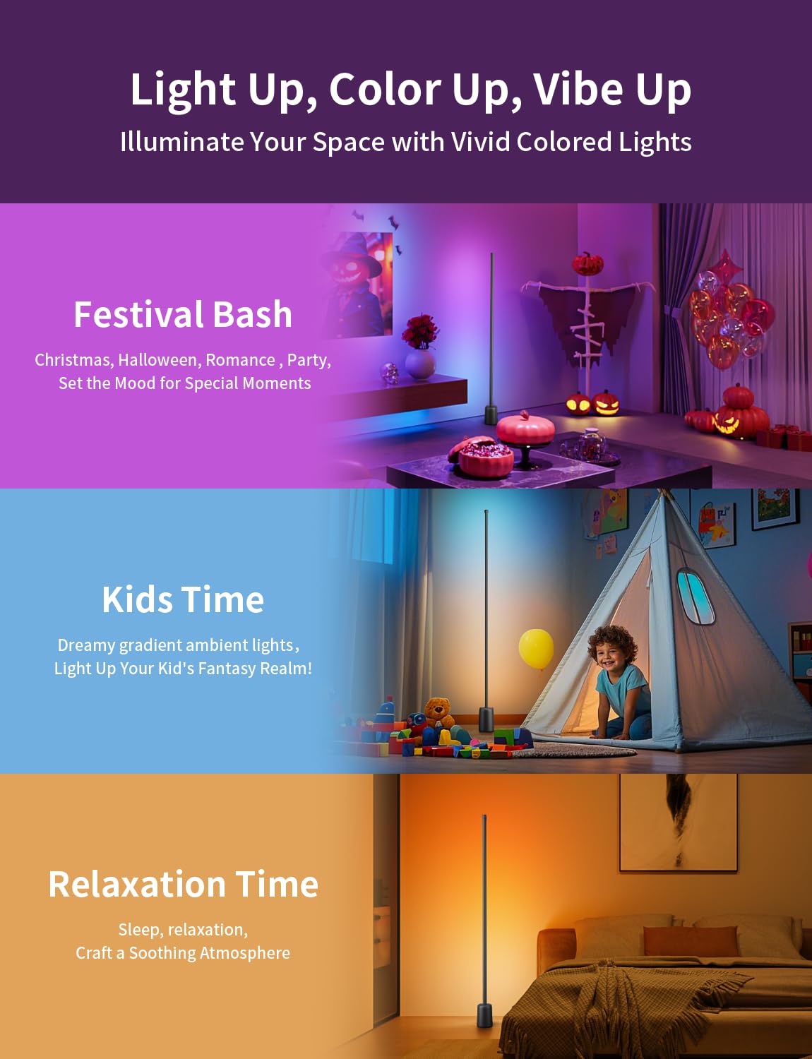 Ailofy Lampada da terra angolare, 1500lm RGBW, lampada angolare funziona con Alexa e Google Assistant, 16 milioni di colori fai da te, sincronizzazione con musica, controllo app, moderna lampada da