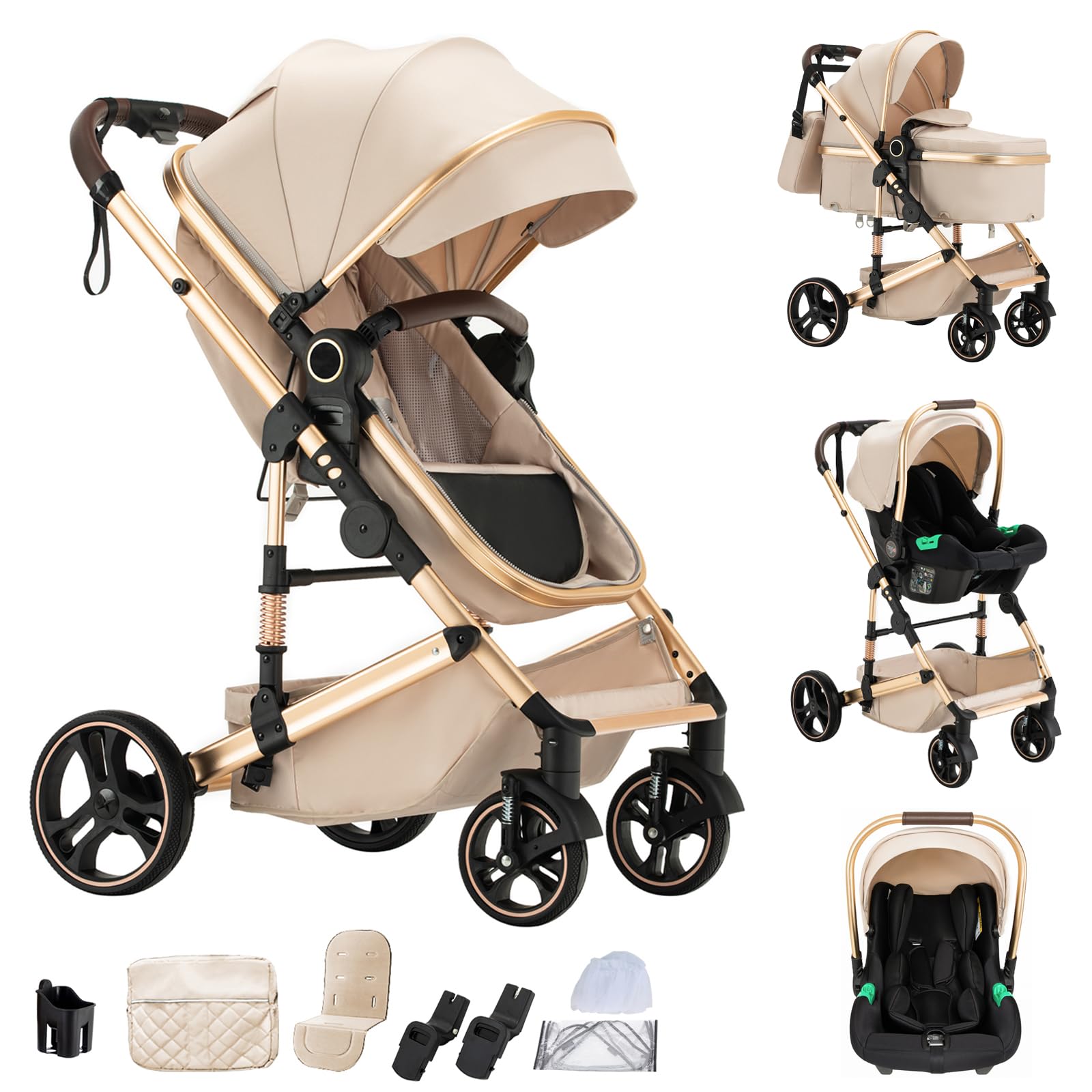 Carrozzina 3 in 1 Set carrozzina fino a 22 kg con maniglione regolabile in altezza con telaio in alluminio per neonati 0-4 anni (Beige-H9, H9)