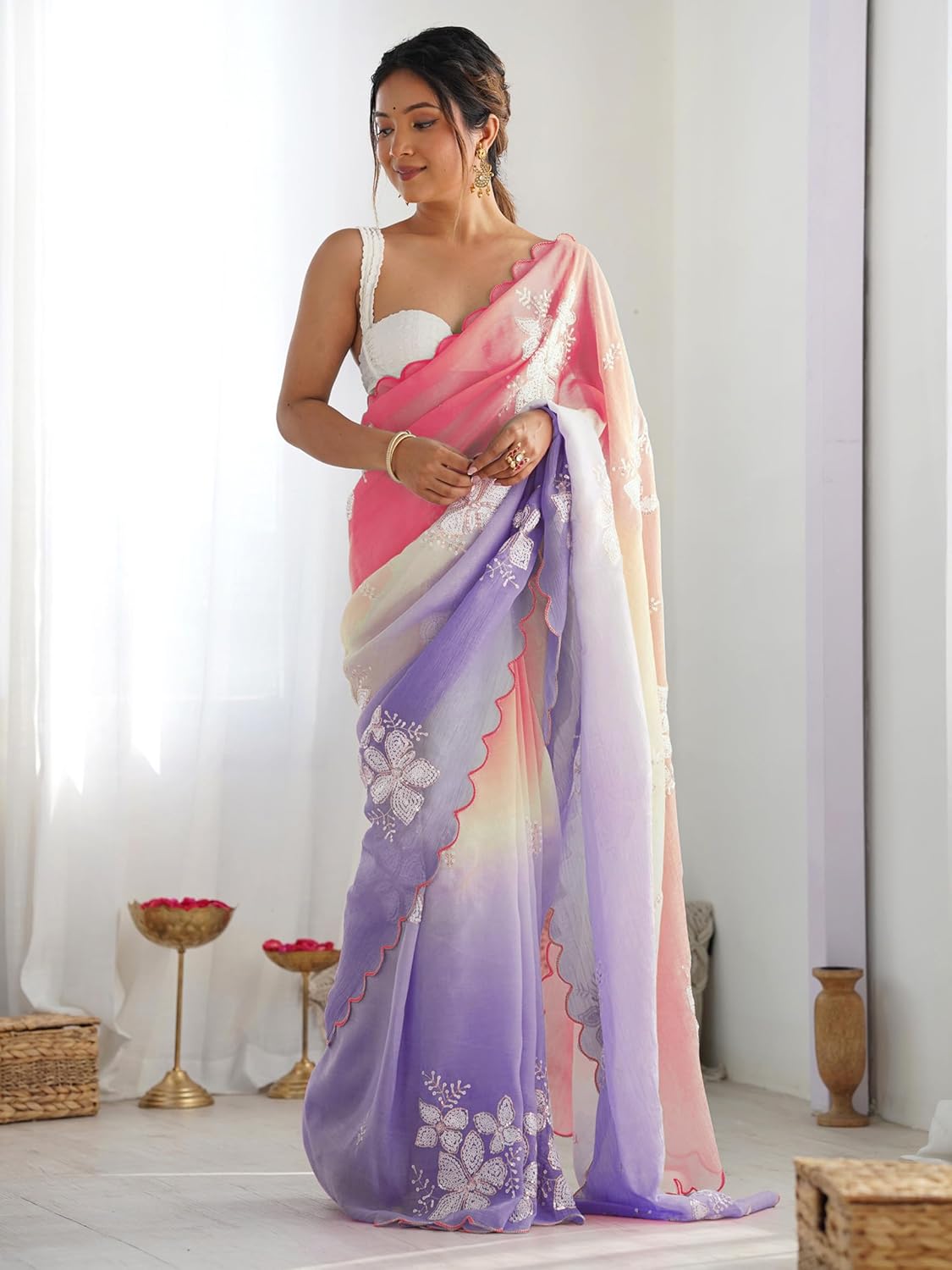 Saree for Women's Fancy 2 Tone Embroidery Siquince Bollywood Party wear Saree Indian Saree