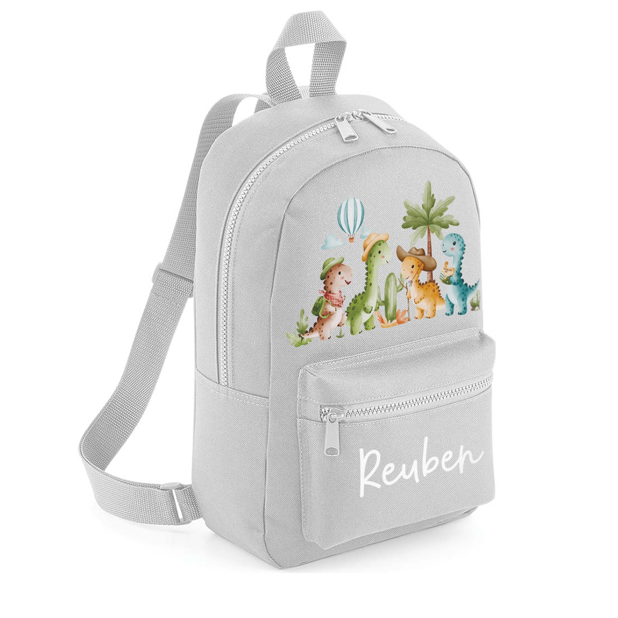 A1 Graphics Ltd Personalised Dinosaur Kids Backpack Custom with Name Choice of Colours Dino School Bag with Adjustable Straps for Children & Toddlers (Light Grey)