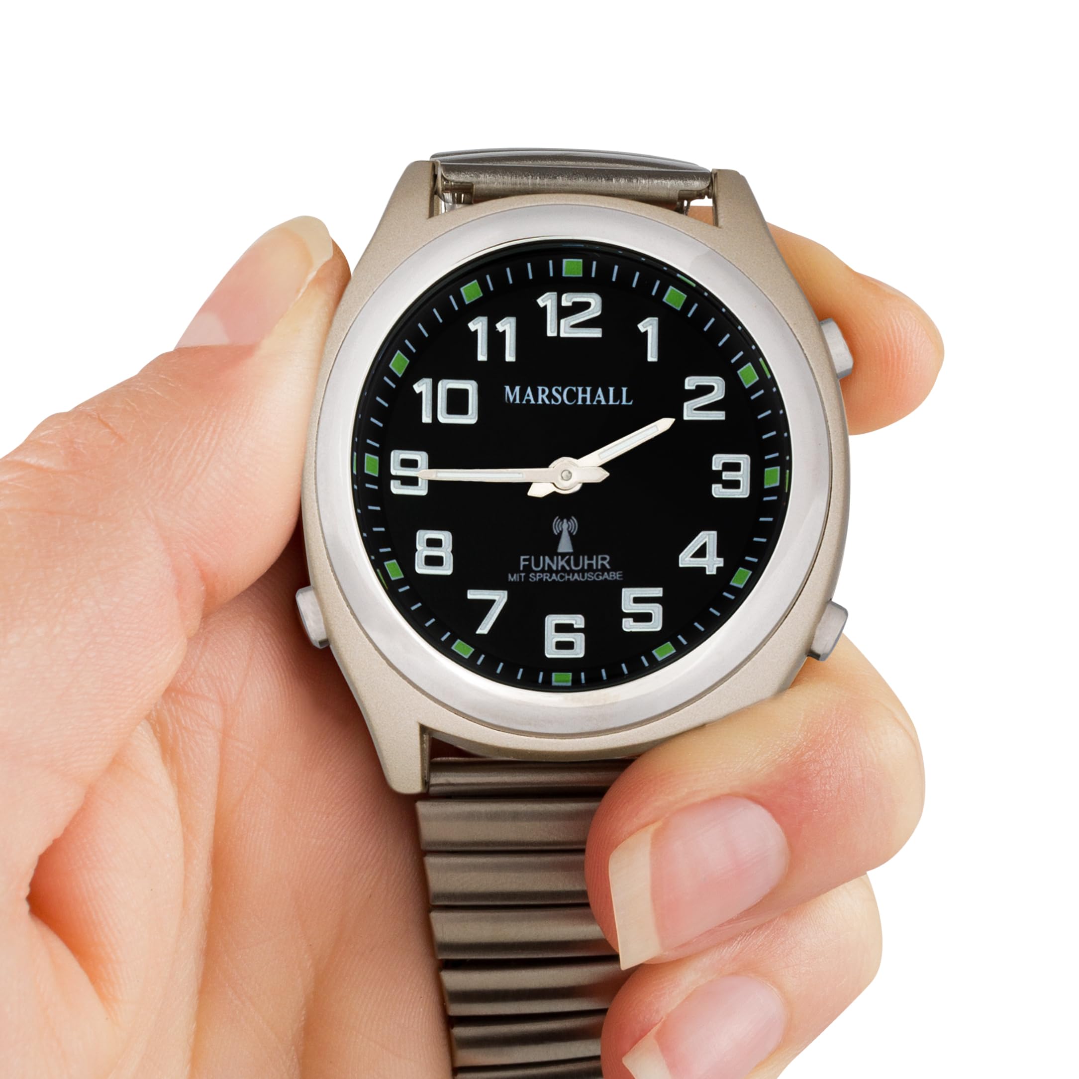 Marschall Deutsch sprechende Herren und Damen Armbanduhr I 1130V I Funkarmbanduhr I Für Blinde, Senioren und Sehbehinderte I Datum- und Zeitansage I Silbernes Zugarmband
