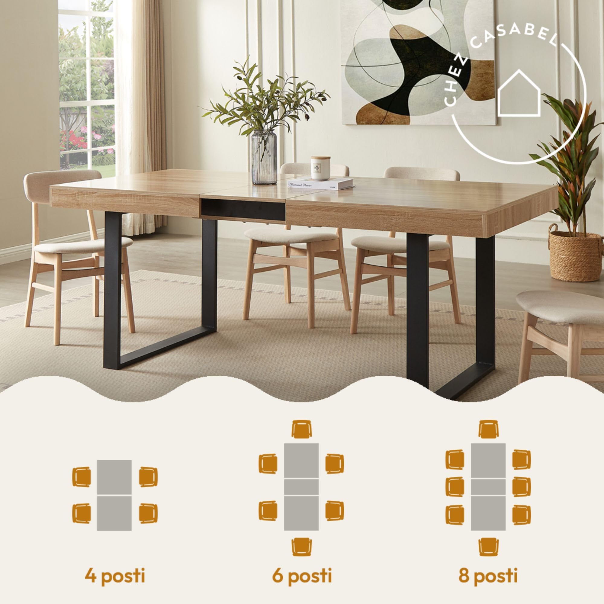 CASABEL tavolo da pranzo allungabile 160-200 cm, legno chiaro e nero