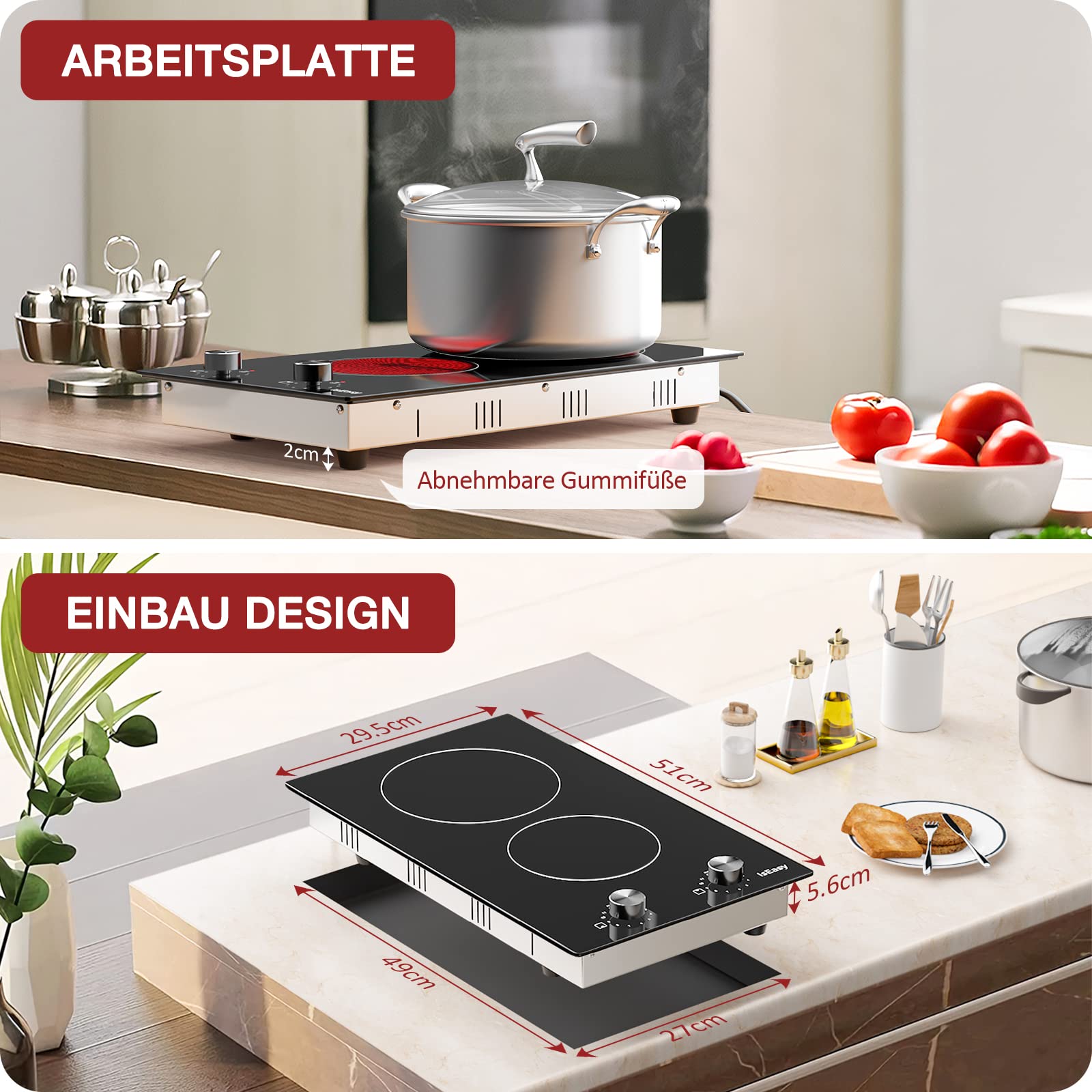 IsEasy Domino Glaskeramikkochfeld 2 Platten 3200W 29.5cm 11 Leistungsstufen Schwarz