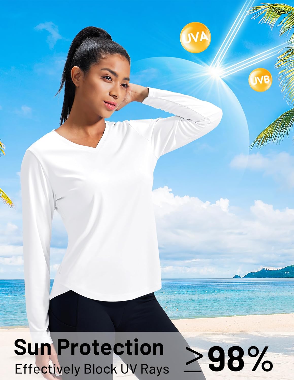 MIER Long Sleeve Workout Tops for Women UPF 50+ SPF UV Protection Sun Shirts Dry Fit Athletic Running Gym Tshirt, V-Neck - Image 2