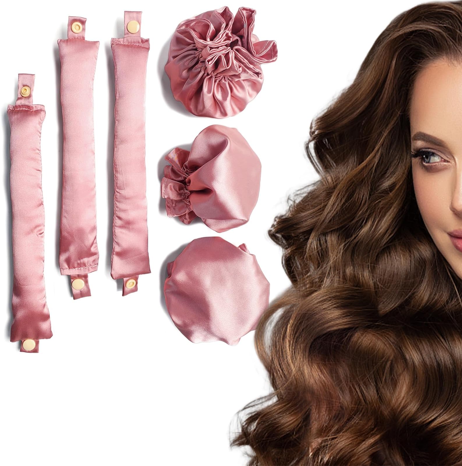 3Sets/6PCS Ariuvor New Satin Heatless Hair Curler,Hair Rollers for Heatless Curls with Hair Caps,Soft Heatless Curling Rod Headband for Long Hair,No Heat Curling to Sleep in Overnight (pink)