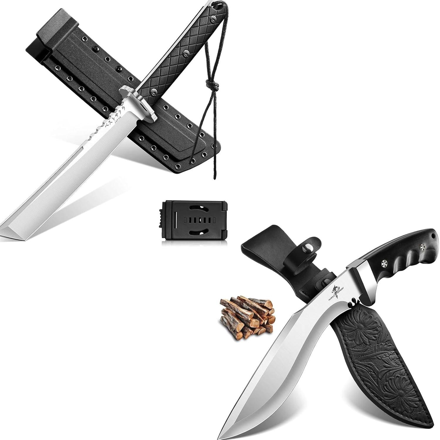 Purple Dragon Kukri & Japanese Tanto Knife Set with Sheaths