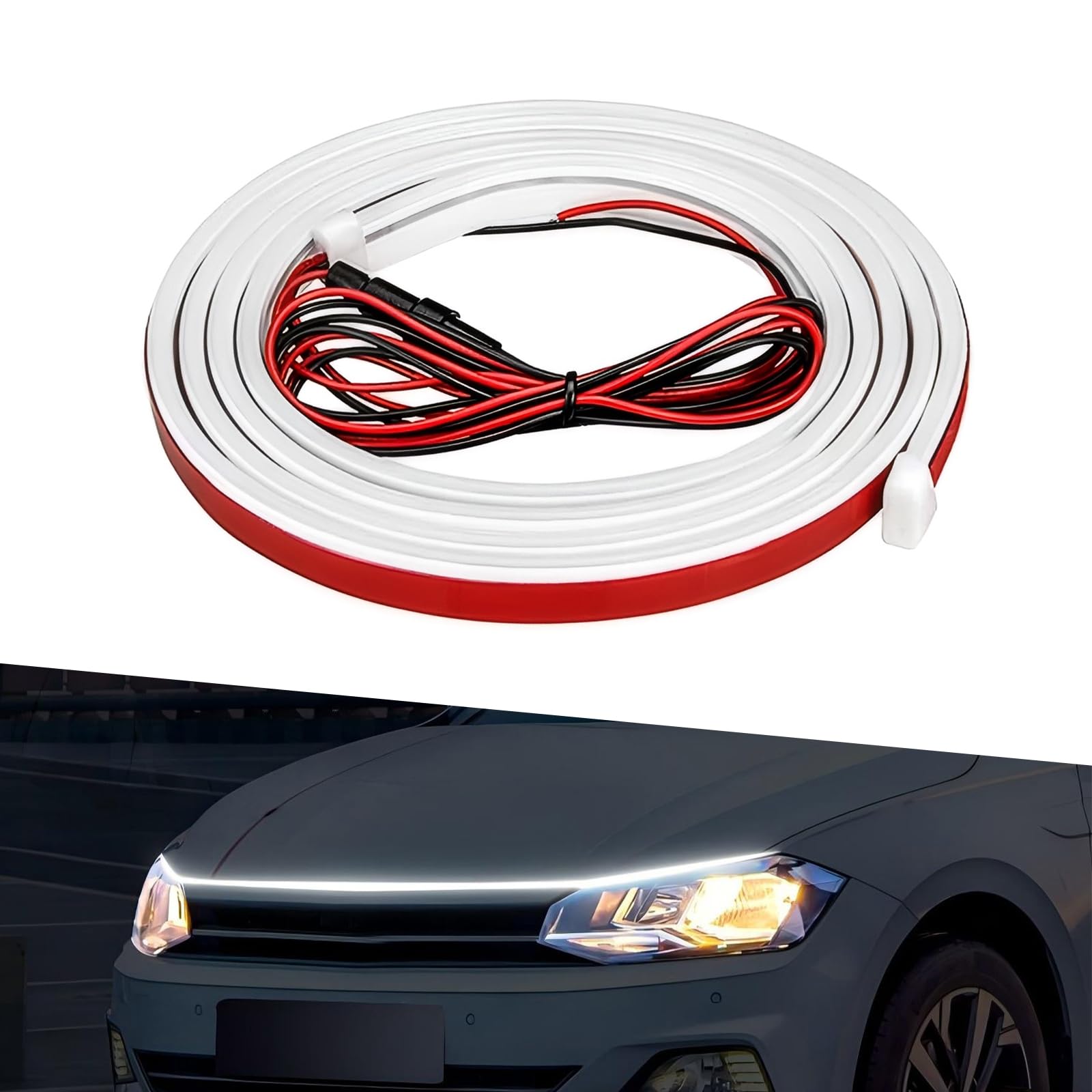 1 PC Car Hood Gap LED Light Guide Strip, 59" Start Scanning Cool Decorative Through-Type Daytime Running Lights, Waterproof Flexible Fit Self-Adhesive Light Strip, Universal for Cars (White)