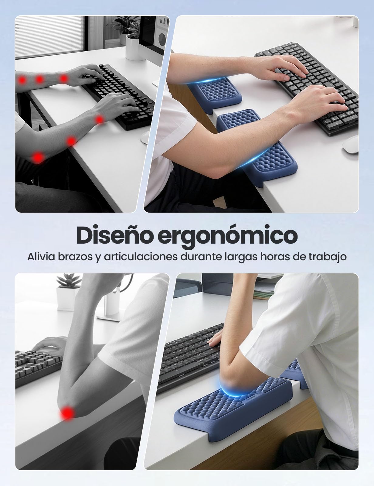 VAYDEER Juego de 2 Almohadillas de Codo en Forma de L — Cojines Reposamuñecas con Espuma Viscoelástica para Borde del Escritorio, Soporte Ergonómico para Muñeca y Antebrazo, Base Antideslizante (Azul)