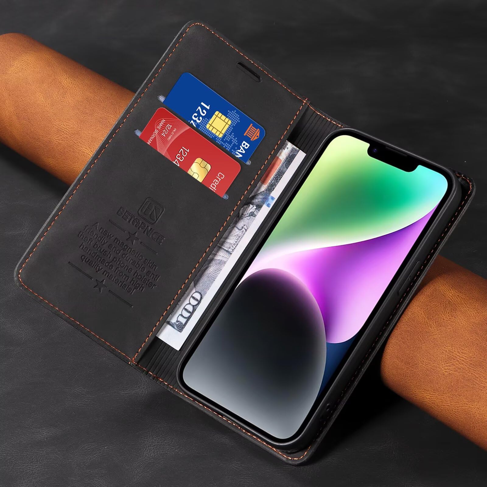 YUECXIN Luksusowe etui do Xiaomi Redmi Note 15 5G, odporny na wstrząsy pokrowiec ze skóry PU z magnetycznym uchwytem i ochroną RFID antykradzieżową obudową, czarny