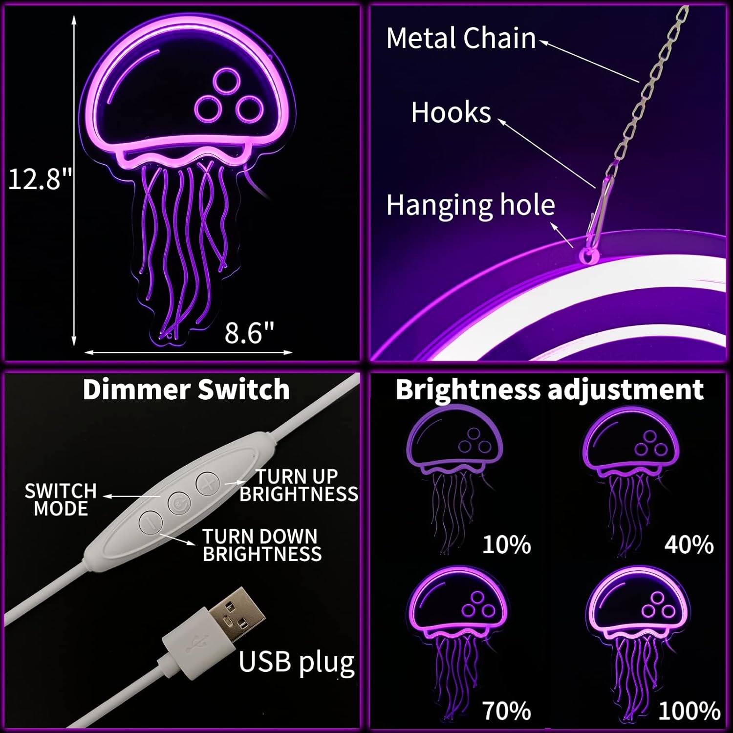 Jellyfish Neon Signs for Wall Decor Light Up Personalized for Bedroom, Bar, Birthday, Holiday Party, Wedding. USB Powered 3D Art Creative Purple Light LED with Dimmer Switch