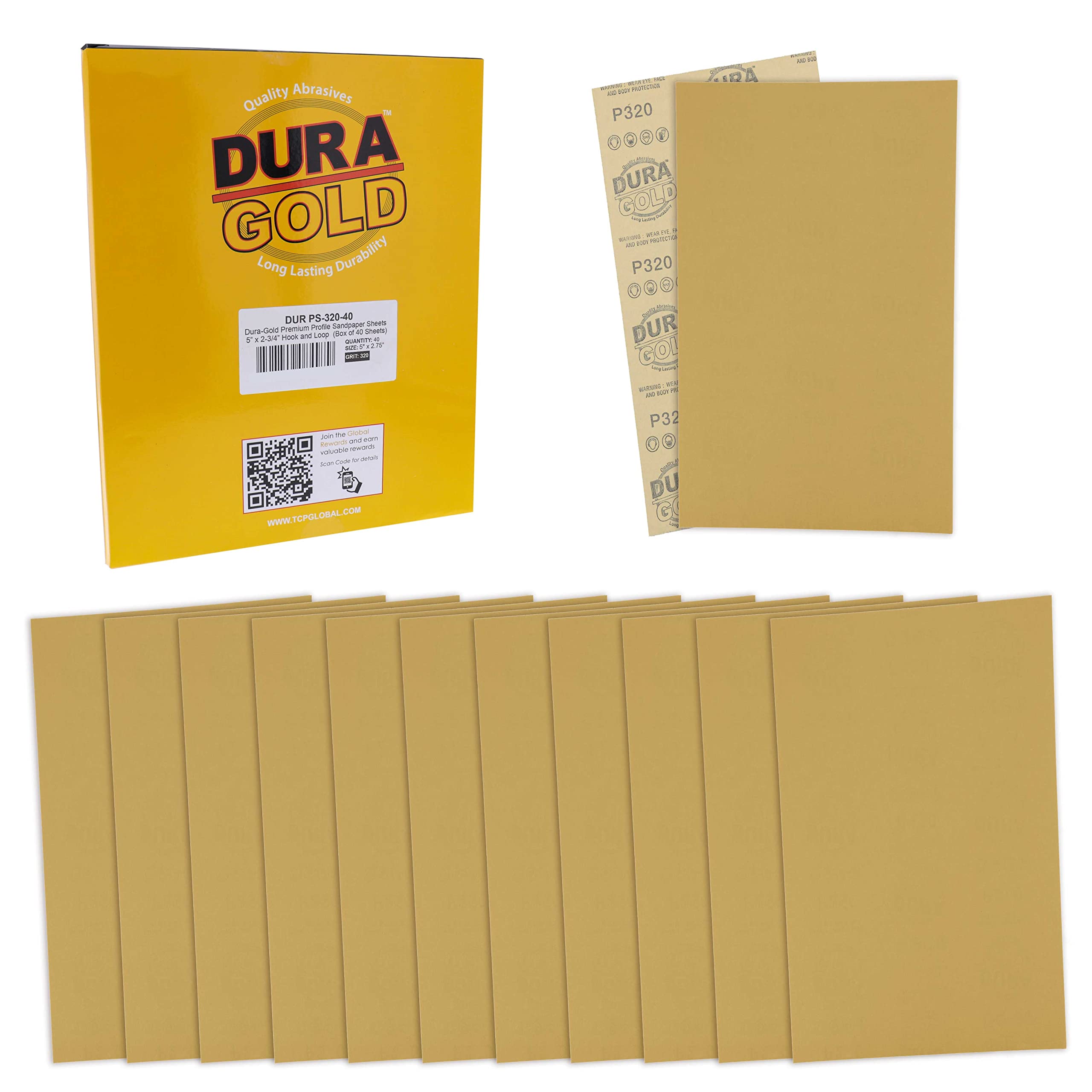 Dura-Gold Premium 5" x 2.75" Gold Sandpaper Sheets, 320 Grit (Box of 40) - Hook & Loop Backing, Wood Furniture Woodworking, Auto Paint - for Palm