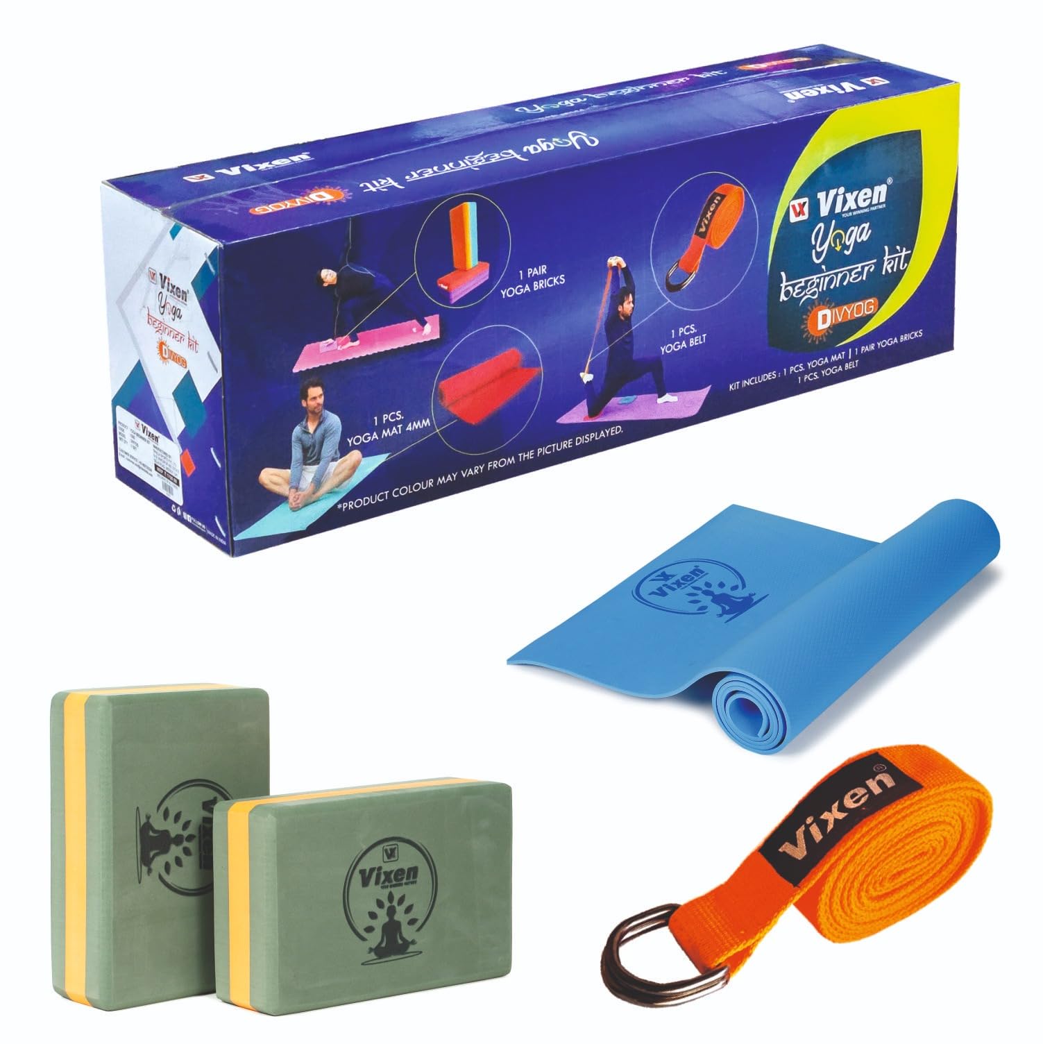VX VIXEN Yoga Beginner Kit | Mat 4 mm, Belt, 1 Pair Yoga Brick | Surface for Balance, Support & Performance, Strength Training Exercise | This Is Perfect For Session.-image-26