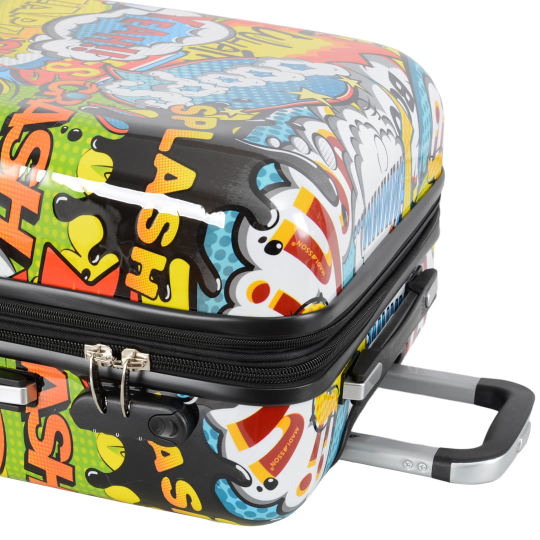 A1 FASHION GOODS Maleta rígida giratoria con cerradura TSA, 4 ruedas, equipaje expandible, onomatopeya, impresión de sonidos cómicos, multicolor, Medium 24", Equipaje expandible rígido con ruedas