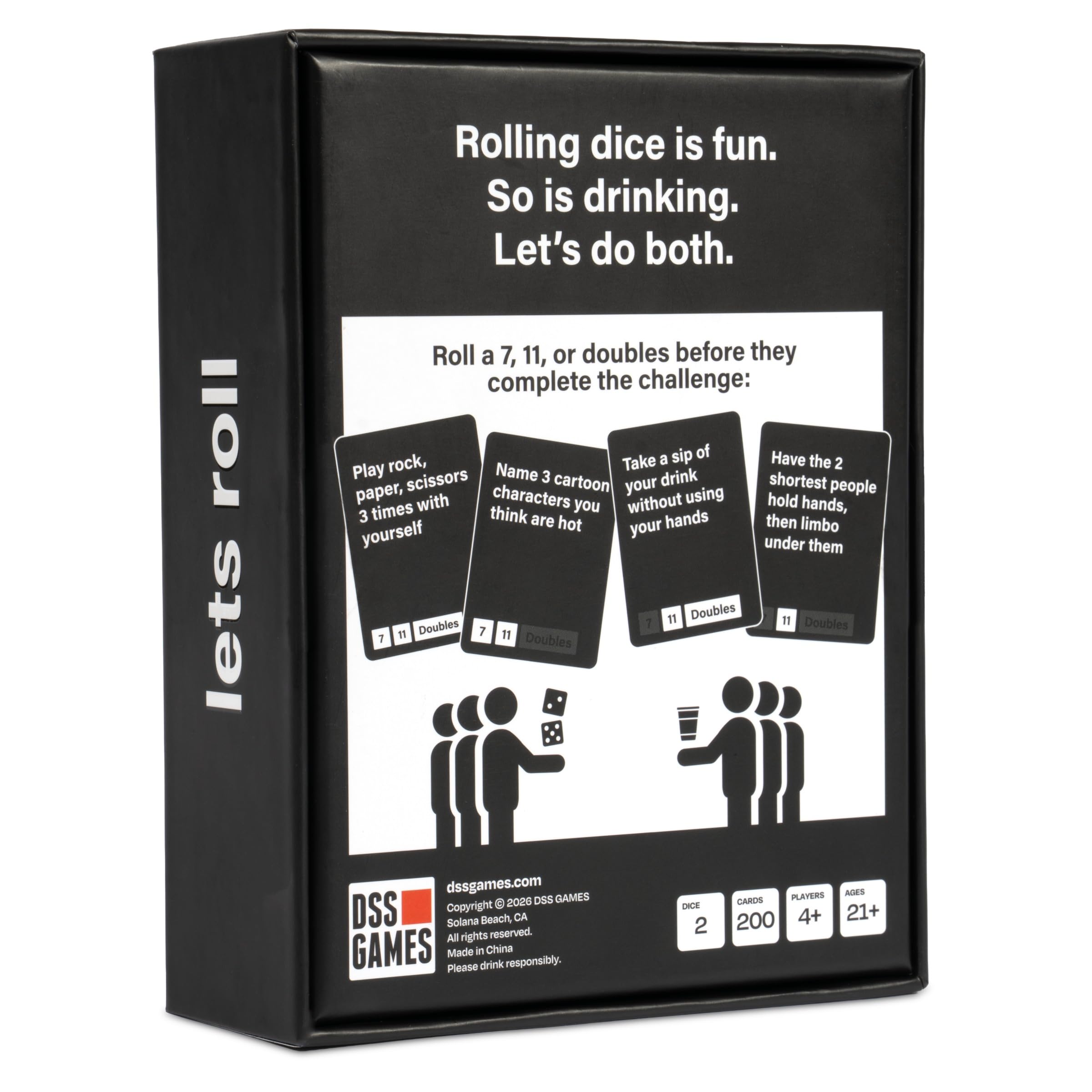 DSS Games Lets roll dadi & Drink [7, 11, Doubles | Gioco di carte per feste con dadi | Perfetto per amici, serate di gioco, pre-gioco, università, regalo per il 21° compleanno | Carte sfida]