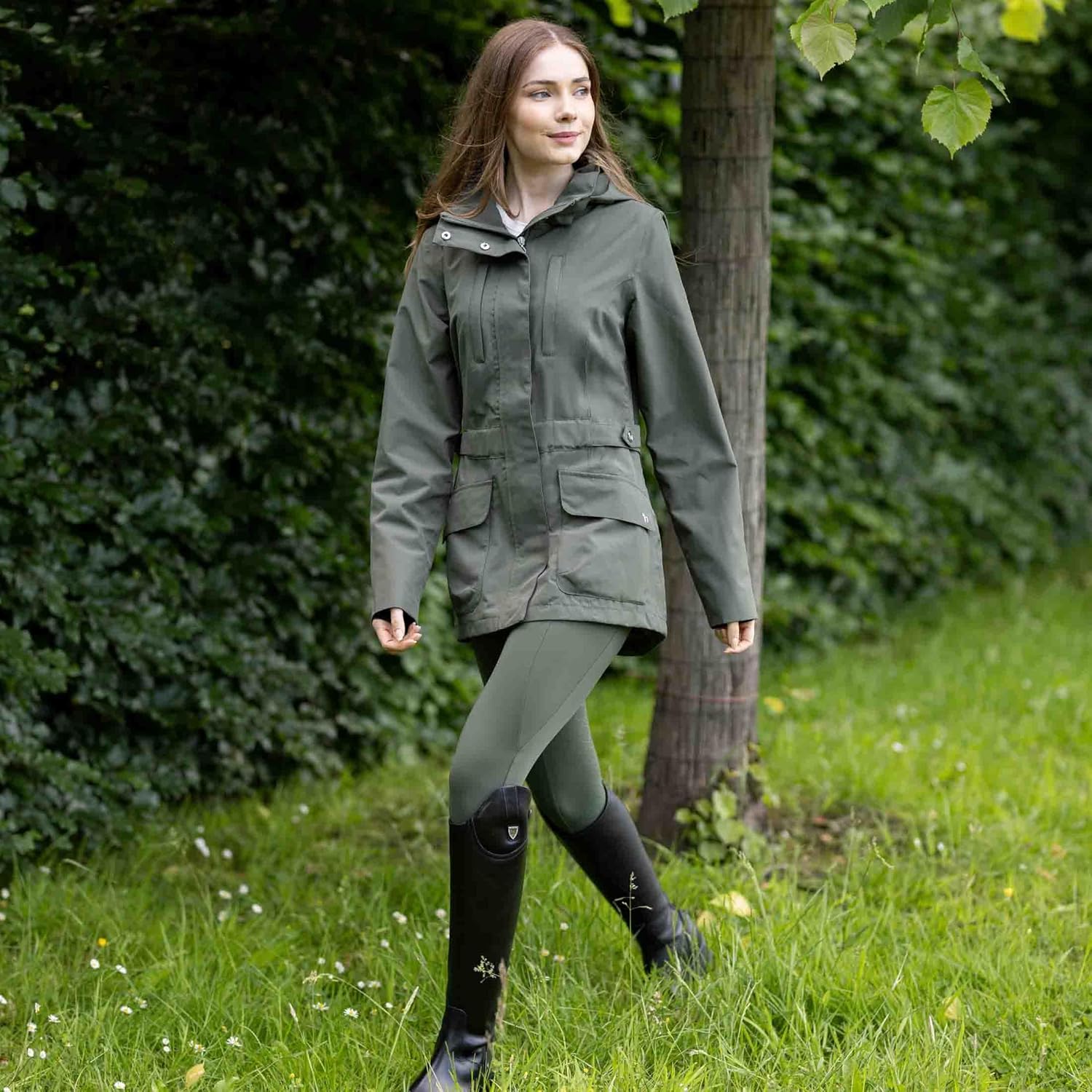 HORZE Women's Jadine Equestrian Waterproof Horse Riding Hooded Rain Jacket - Image 3