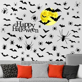 76 Pcs Halloween Moon Wall Decal Halloween Bat Wall Stickers Vinyl Bat Wall Decals Halloween Removable Halloween Spiders Wall Sticker Halloween Bats Wall Decals Party Decorations, 6 Sheets