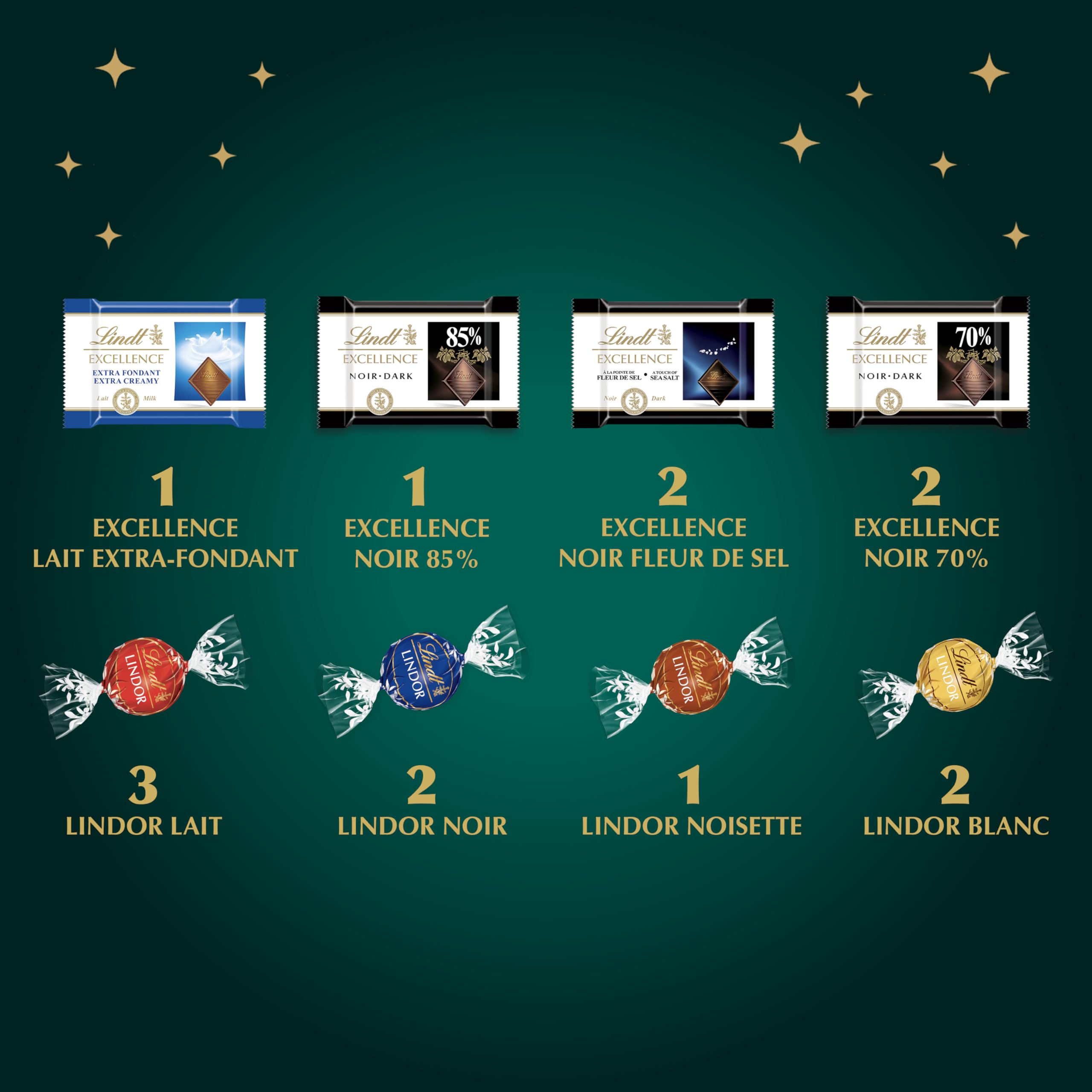 Lindt - Calendrier de l'Avent - Assortiment de Chocolats au Lait, Noirs et Blancs - Idéal pour Noël, 221g