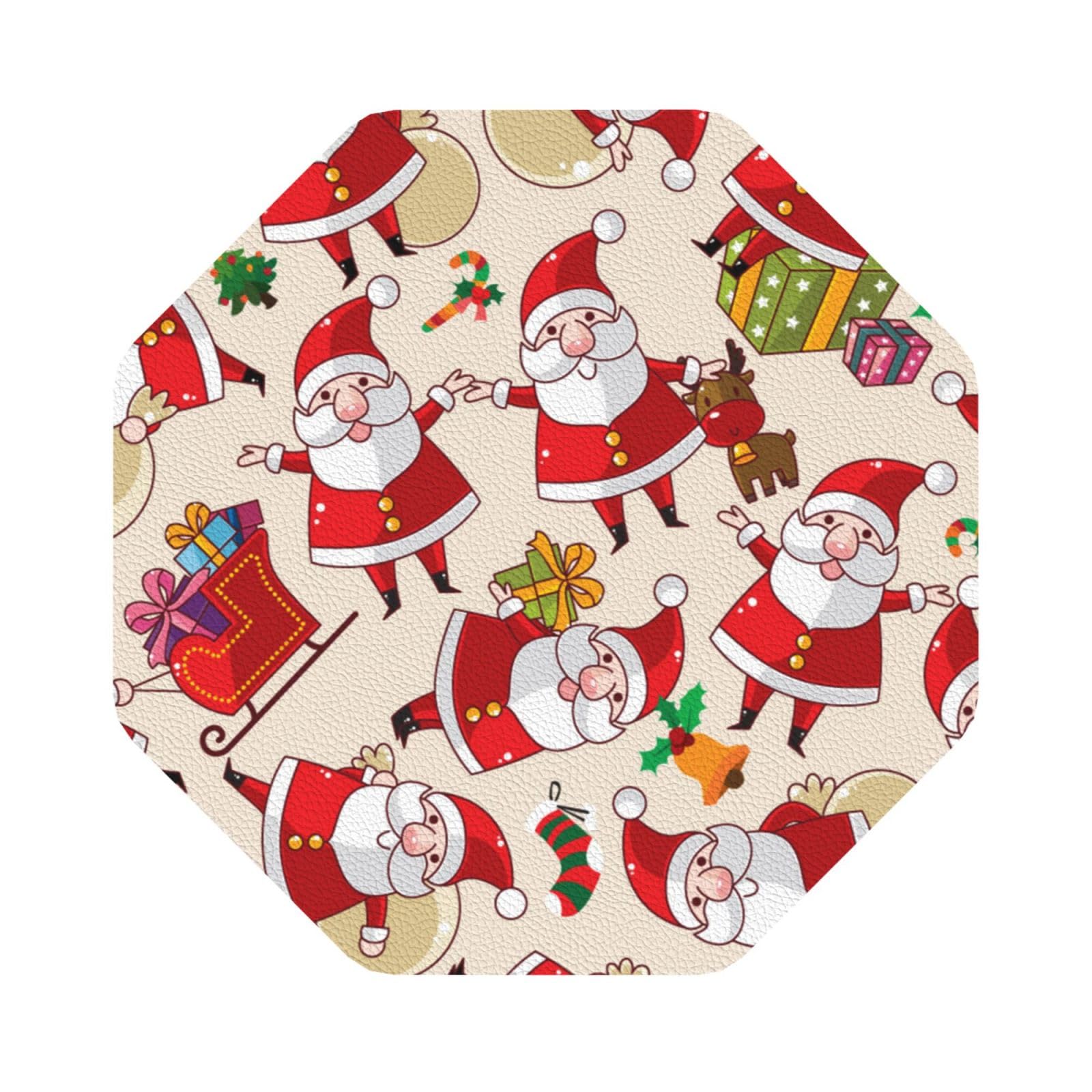 Christmas Cartoon Santa Claus PU Leather Coasters Set of 6 Octagon Drink Coasters
