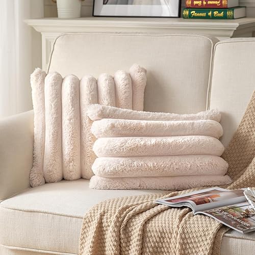 Miniatura 47 de Juego de 2 fundas de almohada de felpa de piel sintética de 18 x 18 pulgadas, fundas de almohada decorativas de lujo, a rayas, suaves y acogedoras