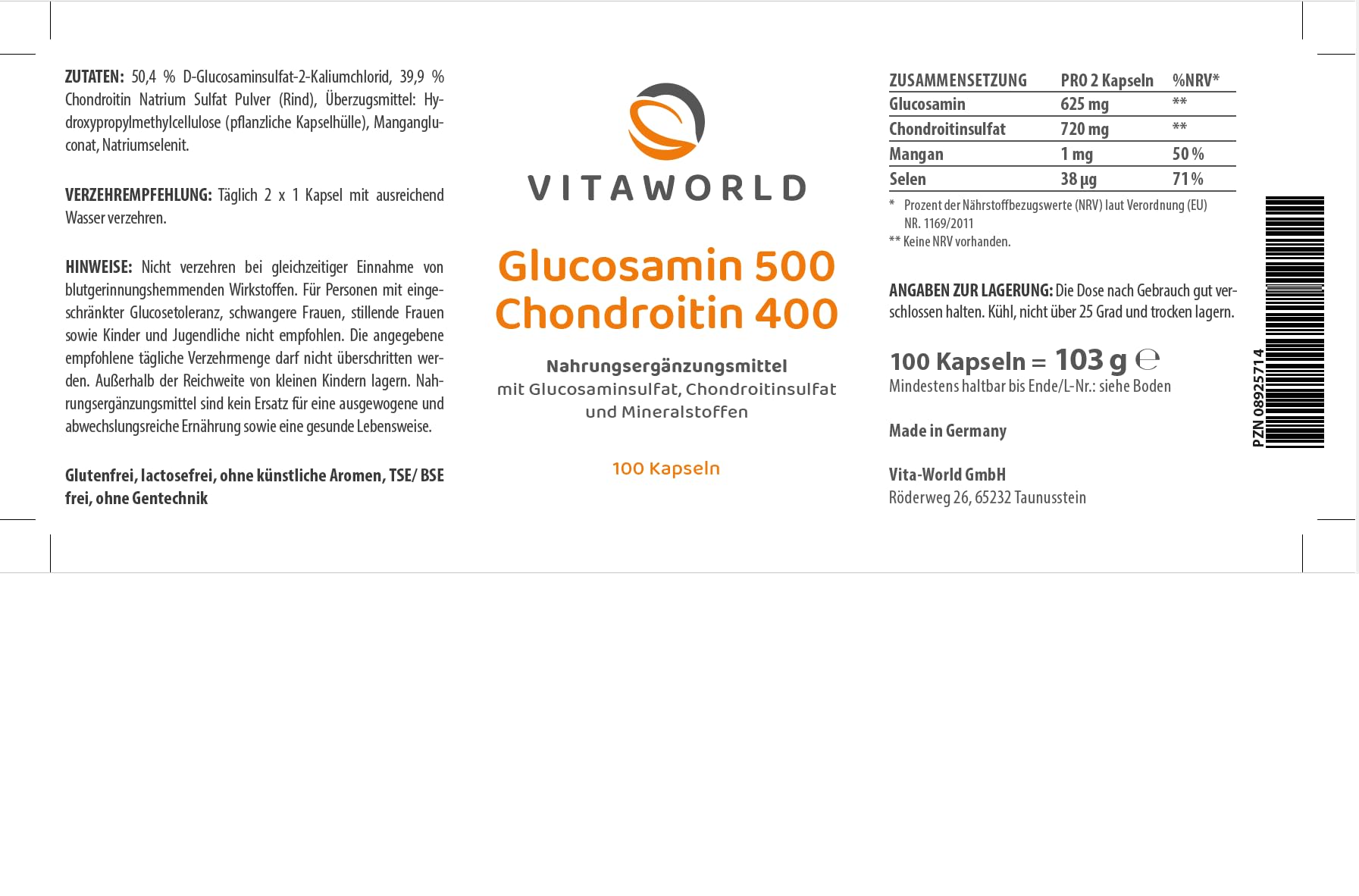 3er Pack Vita World Glucosamin 500mg Chondroitin 400mg 3 x 100 Kapseln Apotheken Herstellung