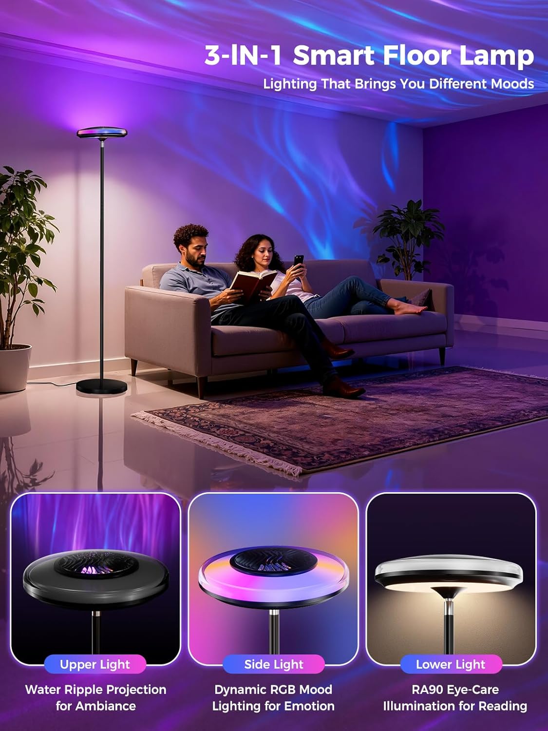Smart Floor Lamp for Living Room, 66.8" RGB+WW Ripple Projector Floor Lamp, 3-in-1 LED Corner Lamp with RGB+IC Side Light & RA90 Reading Light, Dimmable Mood Light with App Control for Bedroom