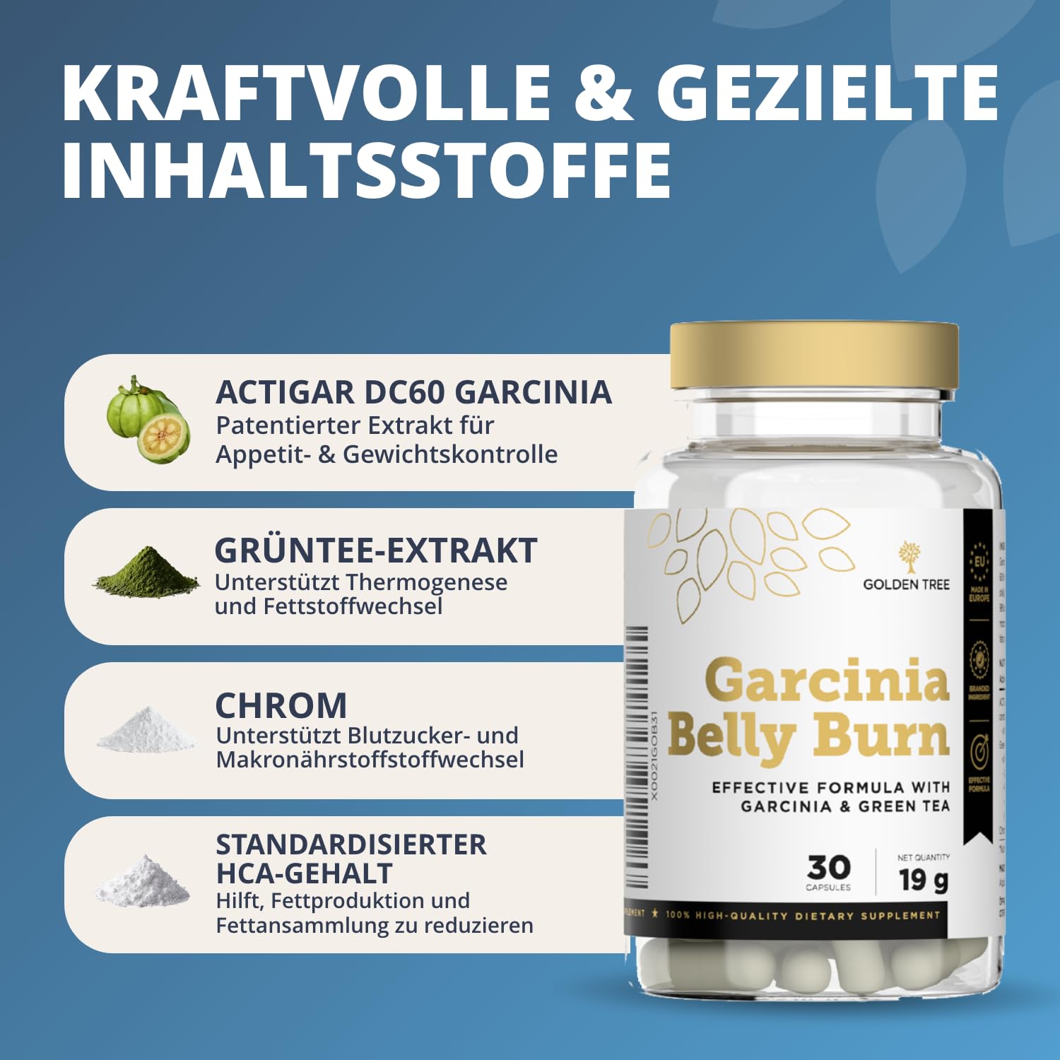 Golden Tree Garcinia Belly Burn – Garcinia Cambogia Kapseln mit ACTIGAR® DC60, Chrom & Grüntee Extrakt – hergestellt in der EU, 60 pflanzliche Kapseln