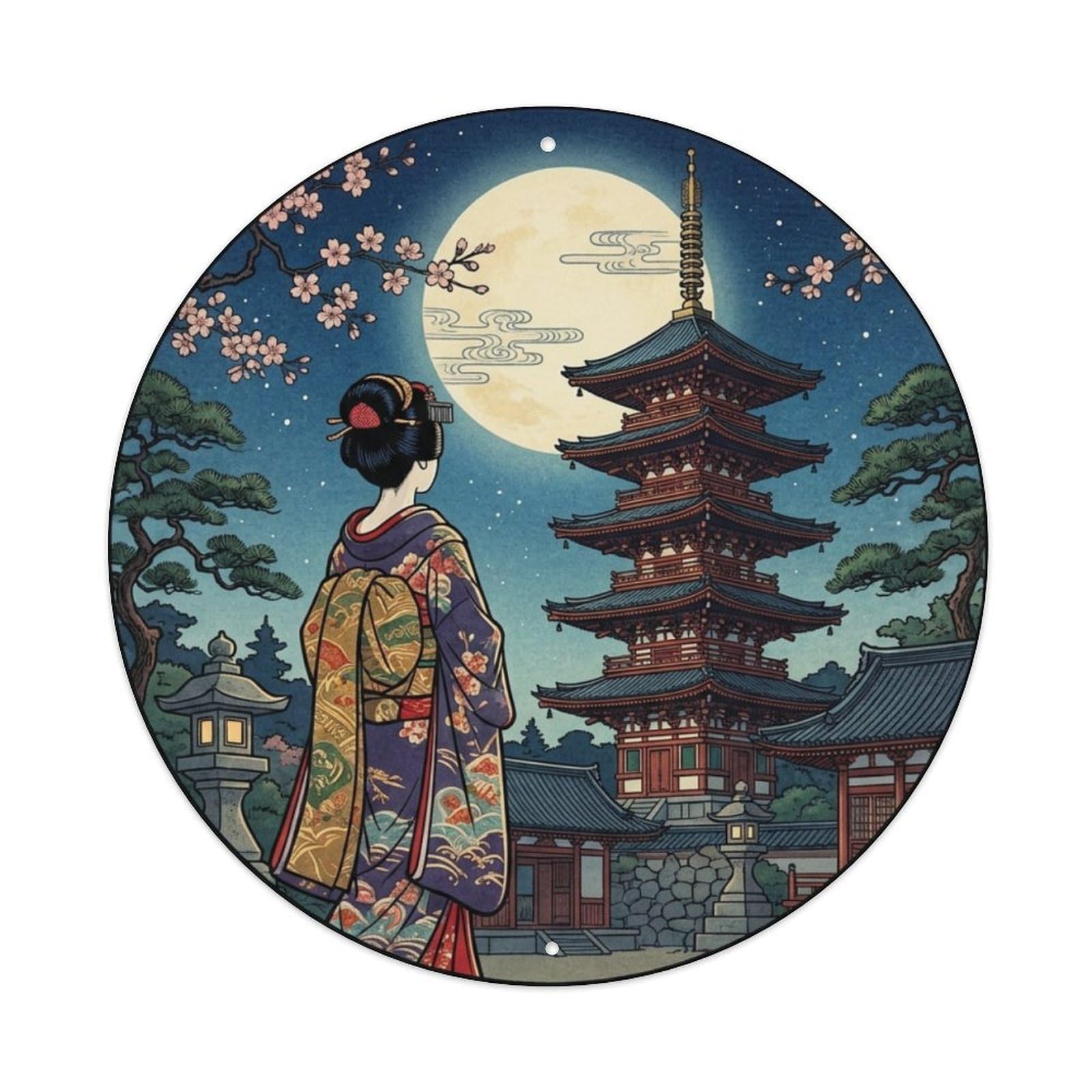 Cwbufd Vintage Style Japanese Geisha Pagoda Moonlit Night Observing Vintage Metal Tin Sign Plaque Wall Decor For Cafe, Club Bar, Office, Garden Metal Poster 8X8inch