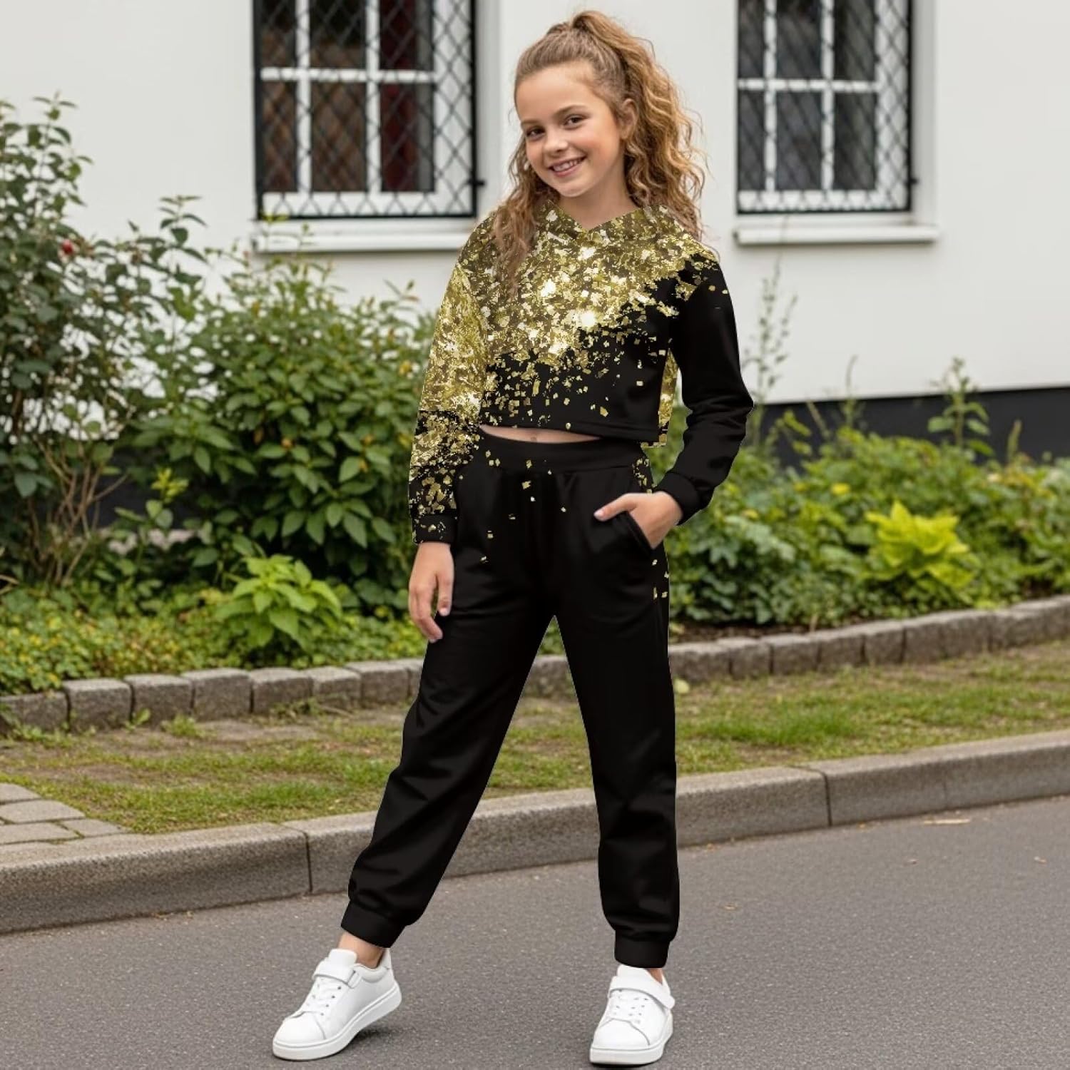 2025 Girls 2 Piece Outfits Sweatsuit Set with Pullover Hoodie and with Pockets Athletic Set for Girls