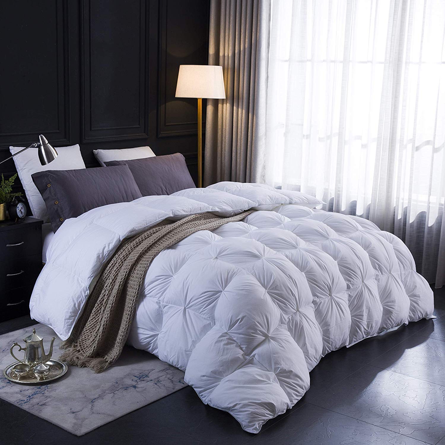 9.8 Newton Wool Filled 1000-TC Pinch Pleated Down Comforter Oversized King Plus (128x120) 1-Piece All-Season Duvet Insert, 650 GSM Micro Fill with All Side Corner Tabs 100% Egyptian Cotton