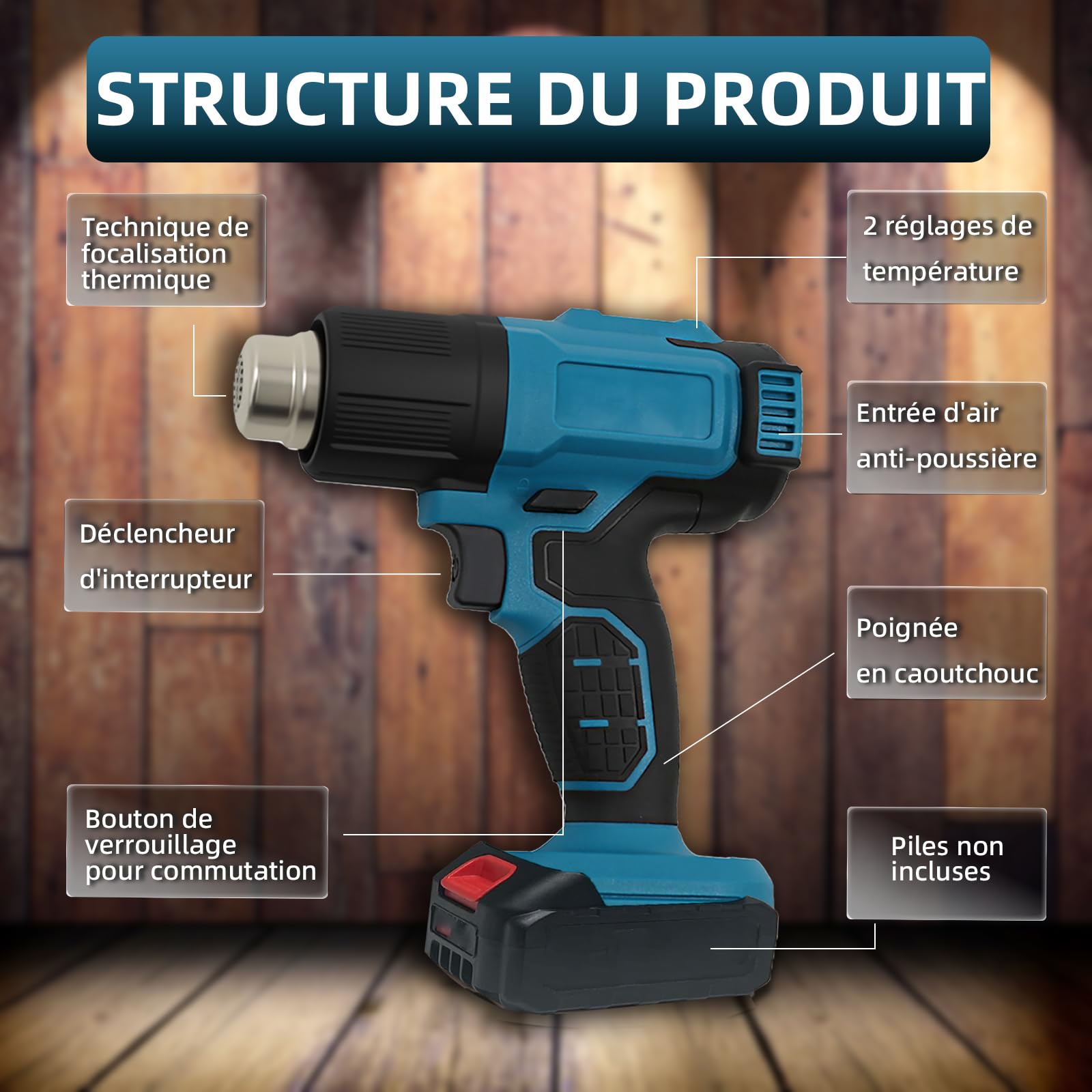 Pistolet à air chaud sans fil 350 W - Compatible avec batterie Ma-kita 18 V - Décapeur thermique 86-1022 ℉ pour le bricolage, avec 3 buses et grattoir, sans batterie