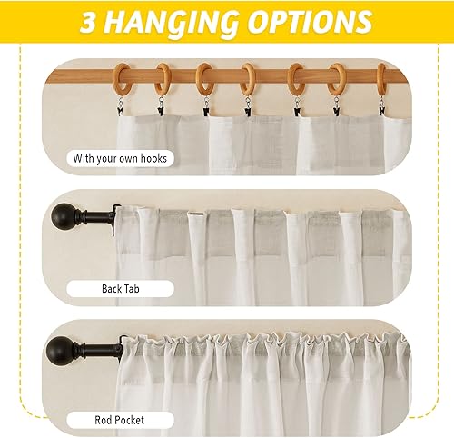 Miniatura 3 de NICETOWN Cortinas semitraslúcidas de mezcla de lino, bolsillo para barra y pestaña trasera, cortinas para ventana de dormitorio, privacidad con