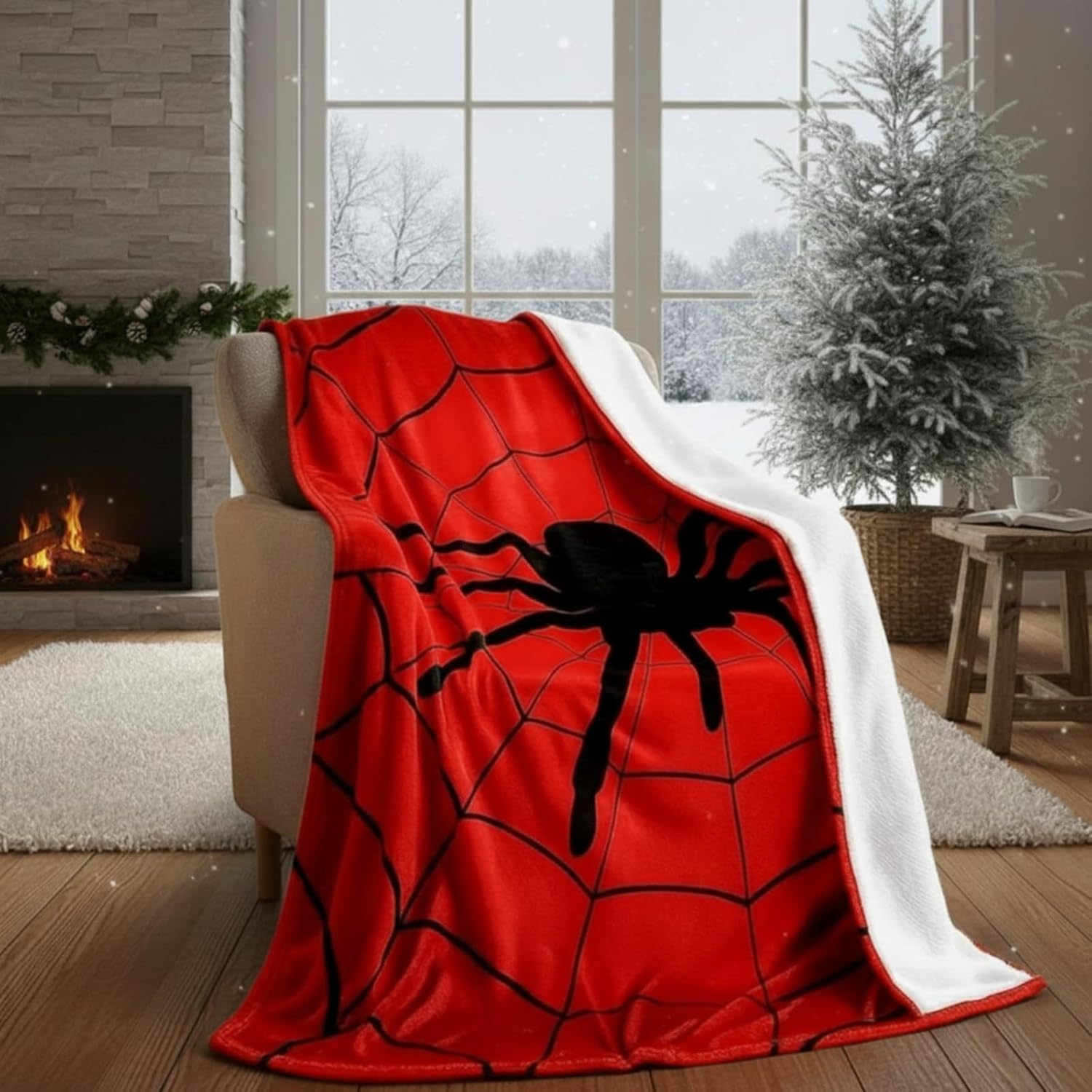 Breling Spider and Spiderweb Throw Blanket 50"x60" Red and Black Spider Web Blanket Winter Warm Decor Fluffy Soft Flannel for Couch Home Decor Gifts