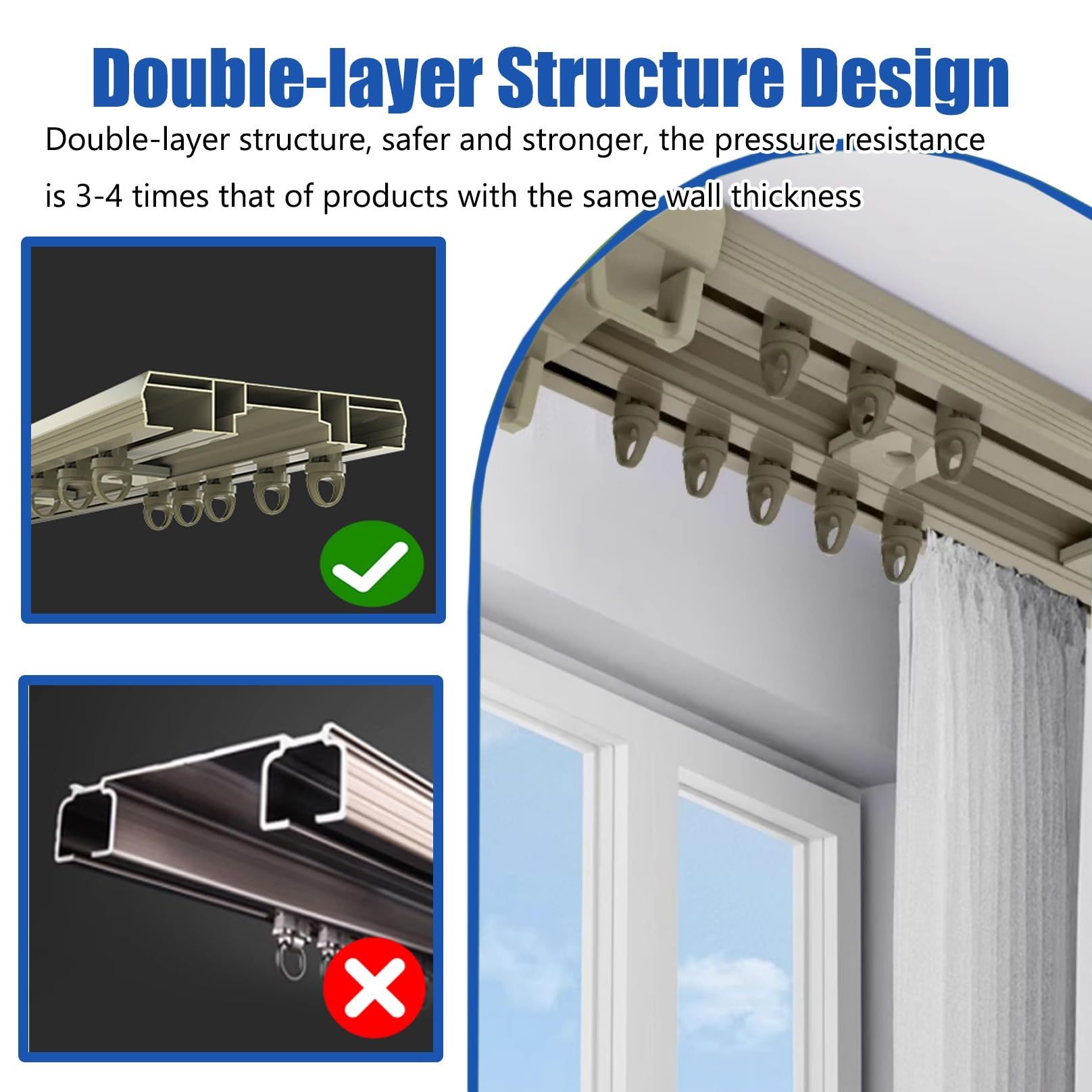 Tringle à rideaux silencieuse à rails à double rangée, rail rideaux plafond pour chambre à coucher, salon, rideaux occultants(Wit,2.2m(7.2ft))