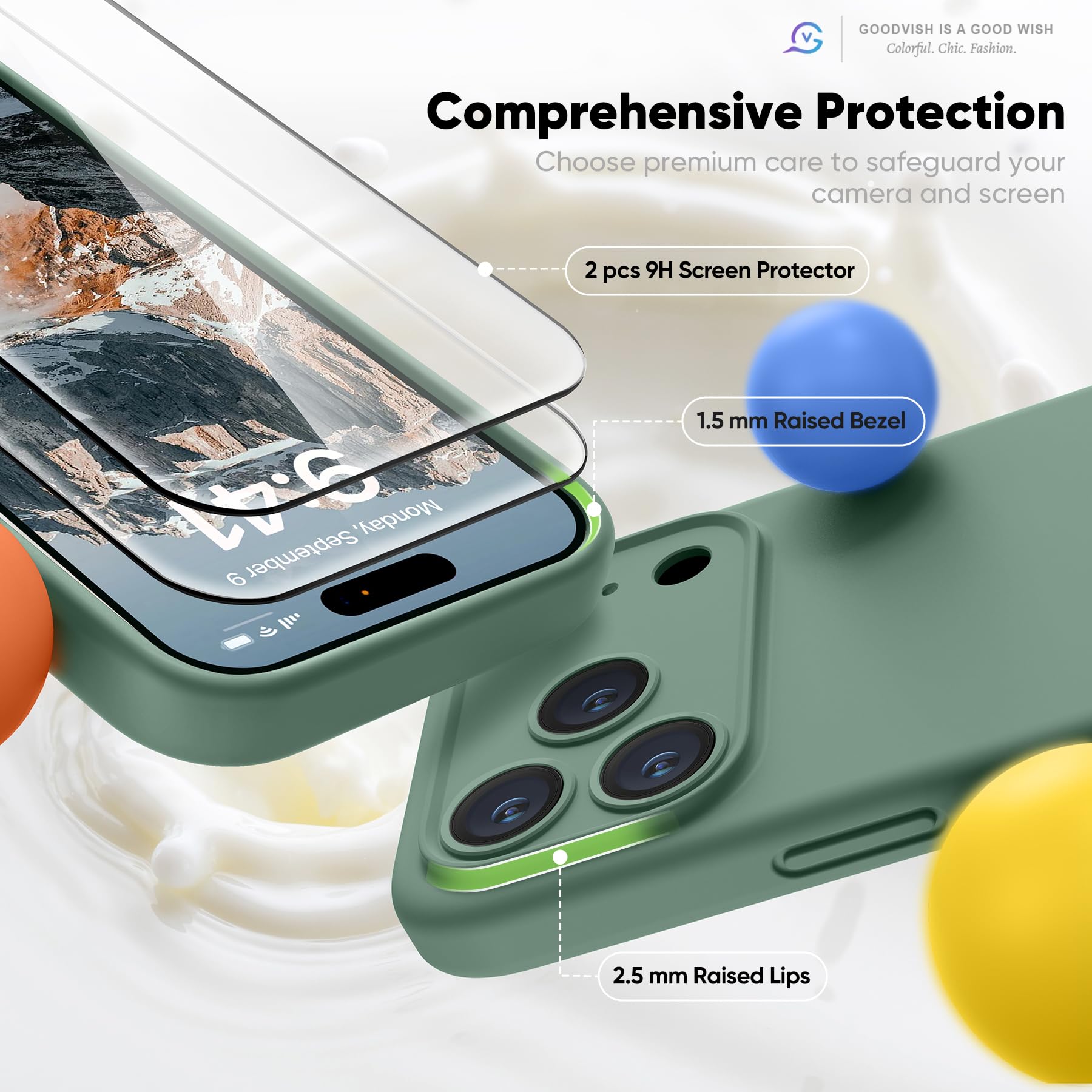 GOODVISH Silicone Cover per iPhone 17 Pro 6.3", Custodia con 2x Vetro Temperato [Pulsante Controllo Fotocamera] 360° Protezione Anticaduta Case per Cellulare Antiurto Resistente, Verde Pino