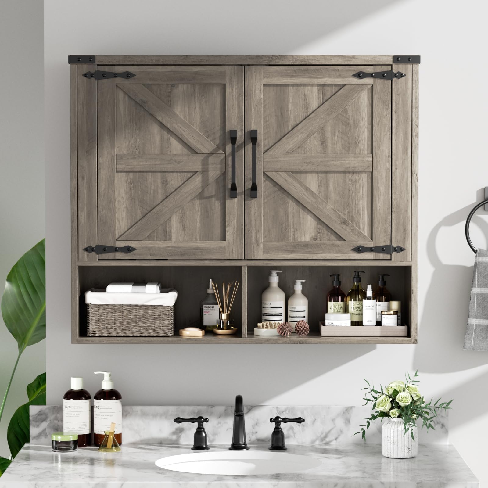 Bathroom Wall Cabinet, 31.7''x31.7'' Wall Mounted Medicine Cabinet with 2 Doors, 2 Adjustable Shelves, 2 Open Shelves, Space Saving Above Toilet