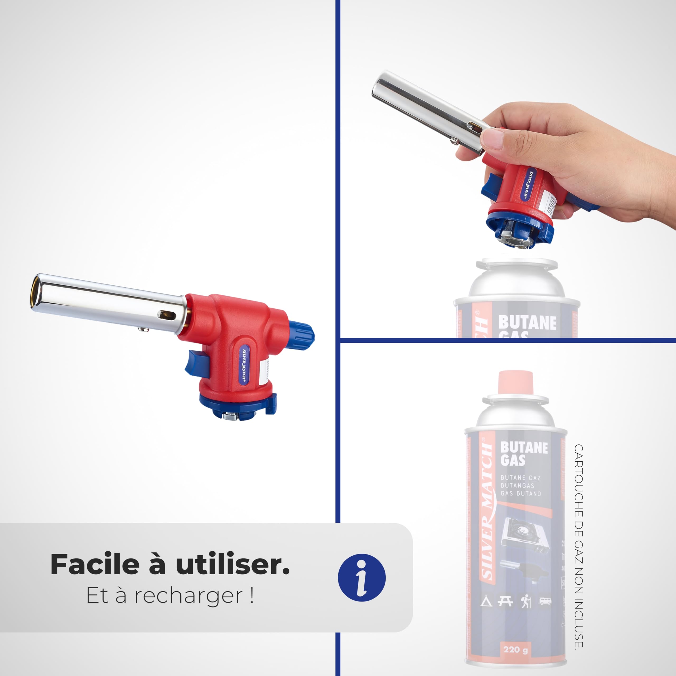 SILVER MATCH Torcia da cucina a gas 1300°, lampada a saldatura, torcia piezo multifunzione, accensione rapida e sicura per cartuccia di gas butano, ideale per brasatura, fiammata, crema bruciata,
